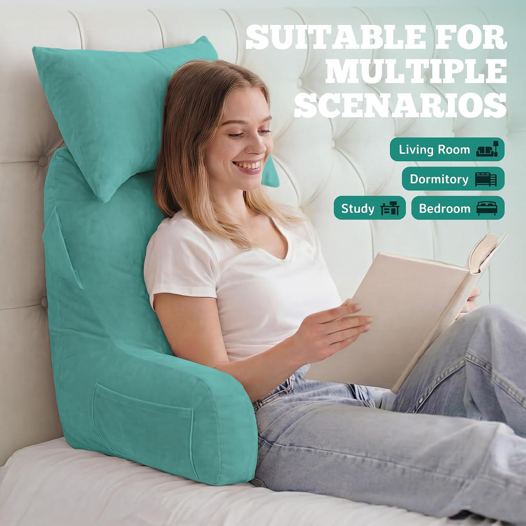 Unisakey Portable Reading Pillows with Headrest for Bed Sitting Up(Lake Blue Oeko-Tex), Velvet Back Pillow with Arms & Pockets for…