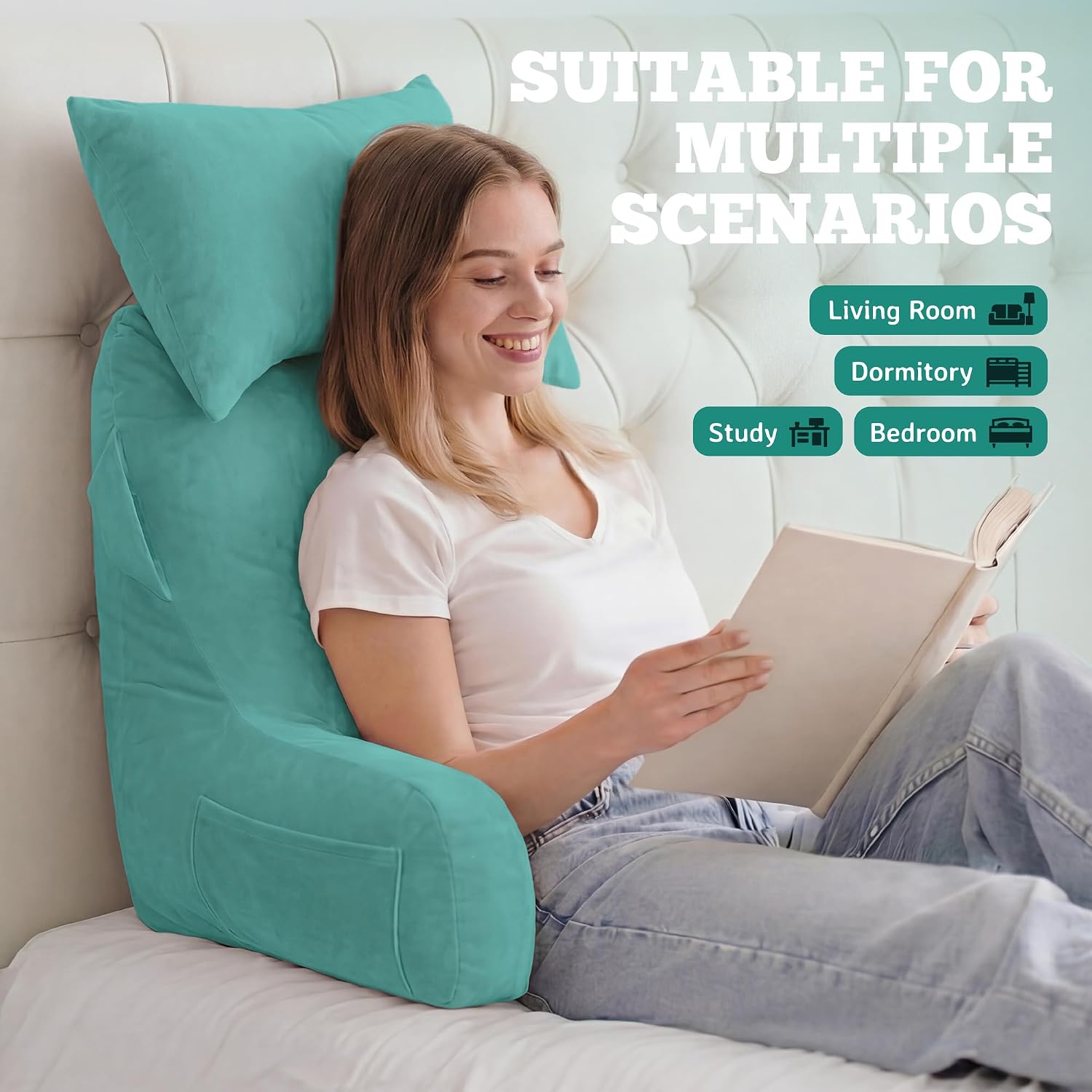 Unisakey Portable Reading Pillows with Headrest for Bed Sitting Up(Lake Blue Oeko-Tex), Velvet Back Pillow with Arms & Pockets for…