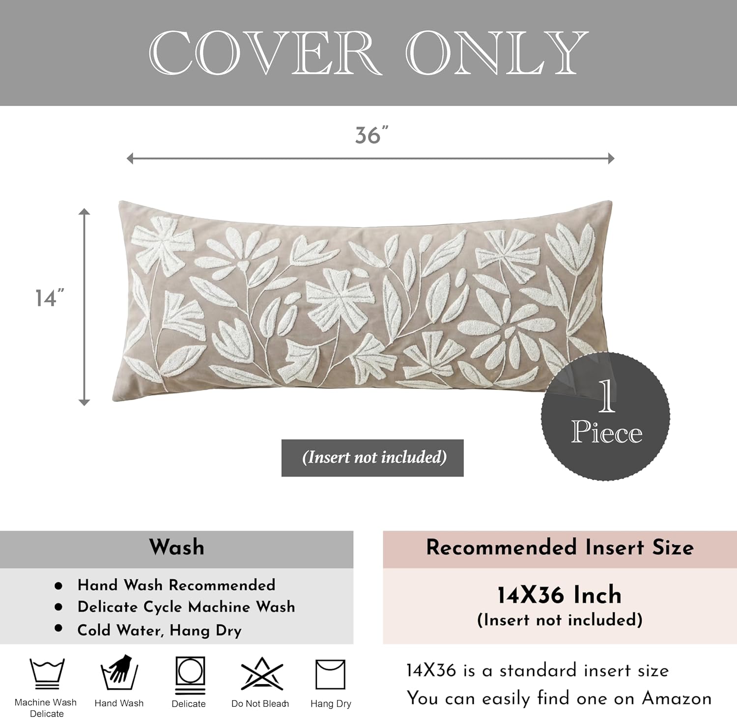 BlissBlush 14x36 Lumbar Pillow Cover for Bed, Taupe Rectangular Long Throw Pillowcase, Embroidered Velvet Floral Tufted Farmhouse Accent…