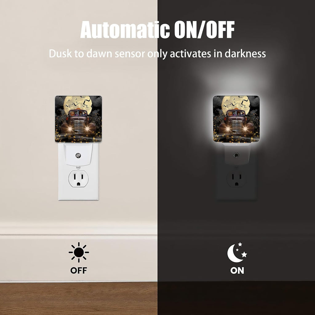 Halloween Truck Night Light, Witch Cat Pumpkin Night Lights Plug into Wall Decorations for Bedroom, Bathroom, Dusk to Dawn Sensor…