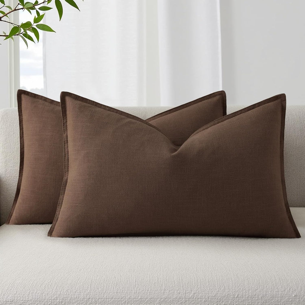 decorUhome Summer Decorative Linen Throw Pillow Covers 12x20 Inch Set of 2 Chocolate Lumbar Pillow Covers with Flange Edges Soft Farmhouse…