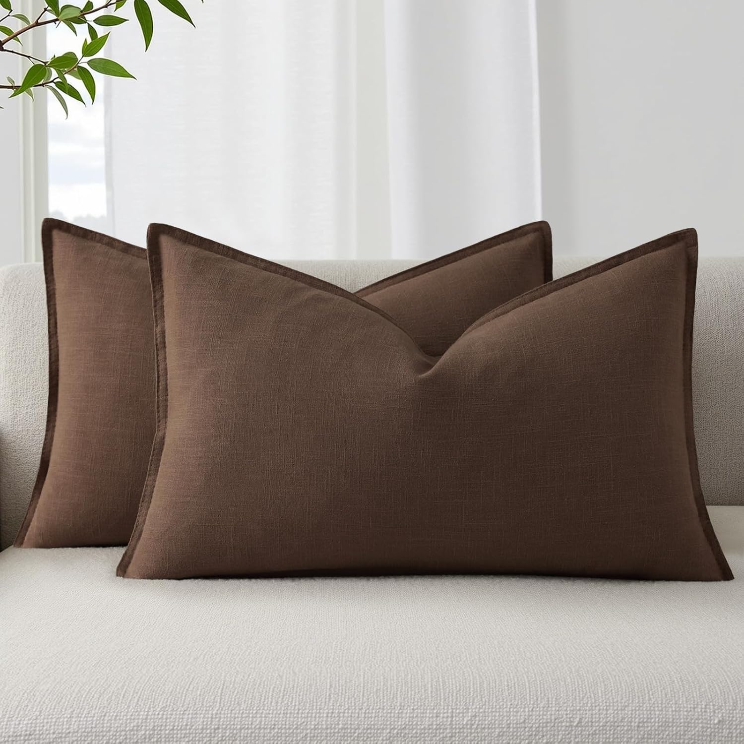 decorUhome Summer Decorative Linen Throw Pillow Covers 12x20 Inch Set of 2 Chocolate Lumbar Pillow Covers with Flange Edges Soft Farmhouse…