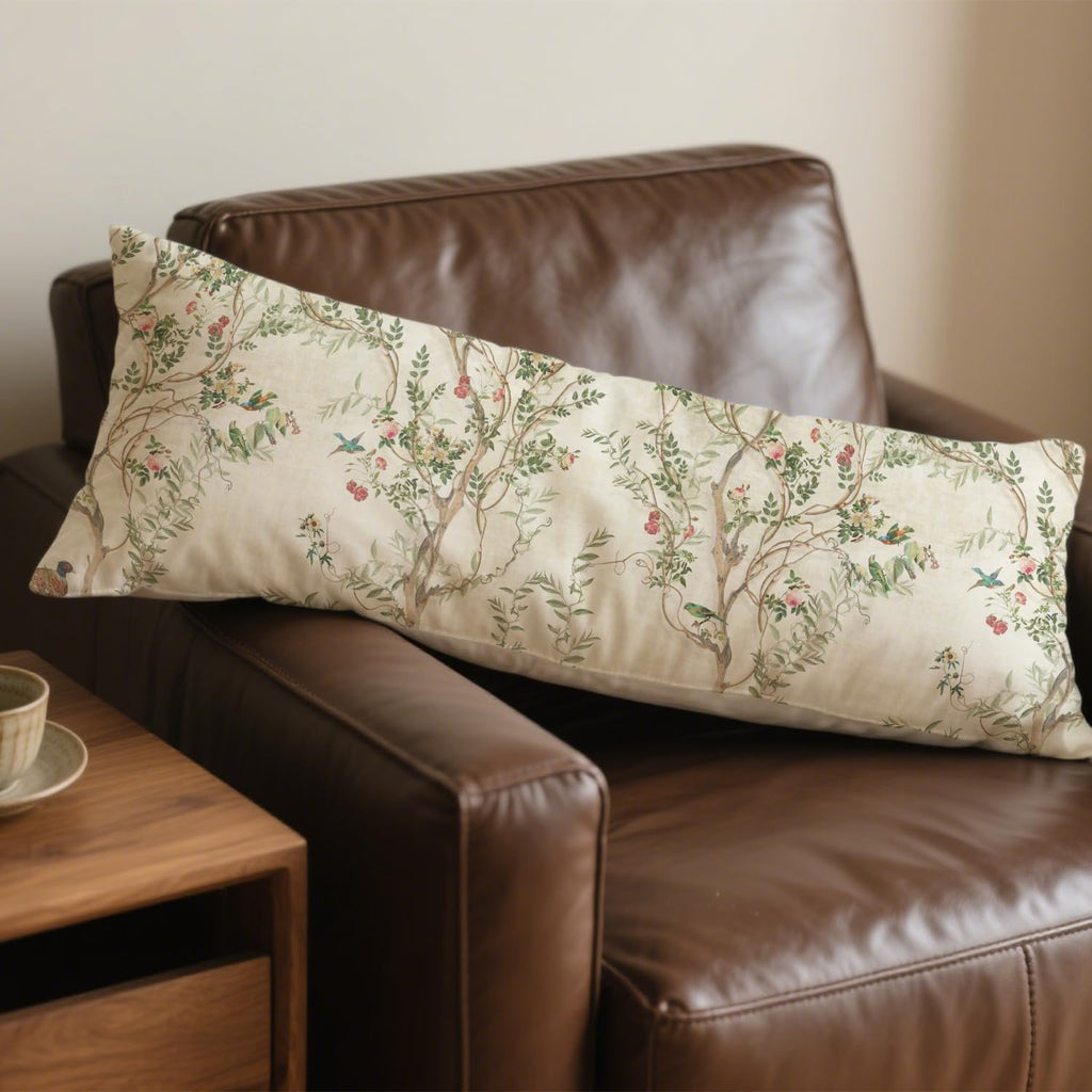 Vintage Chinoiserie Bird Floral 20x54 Body Pillow Cover, Chinoiserie Decor, Retro Green and Cream Flowers Botanical Decorative Long Body…