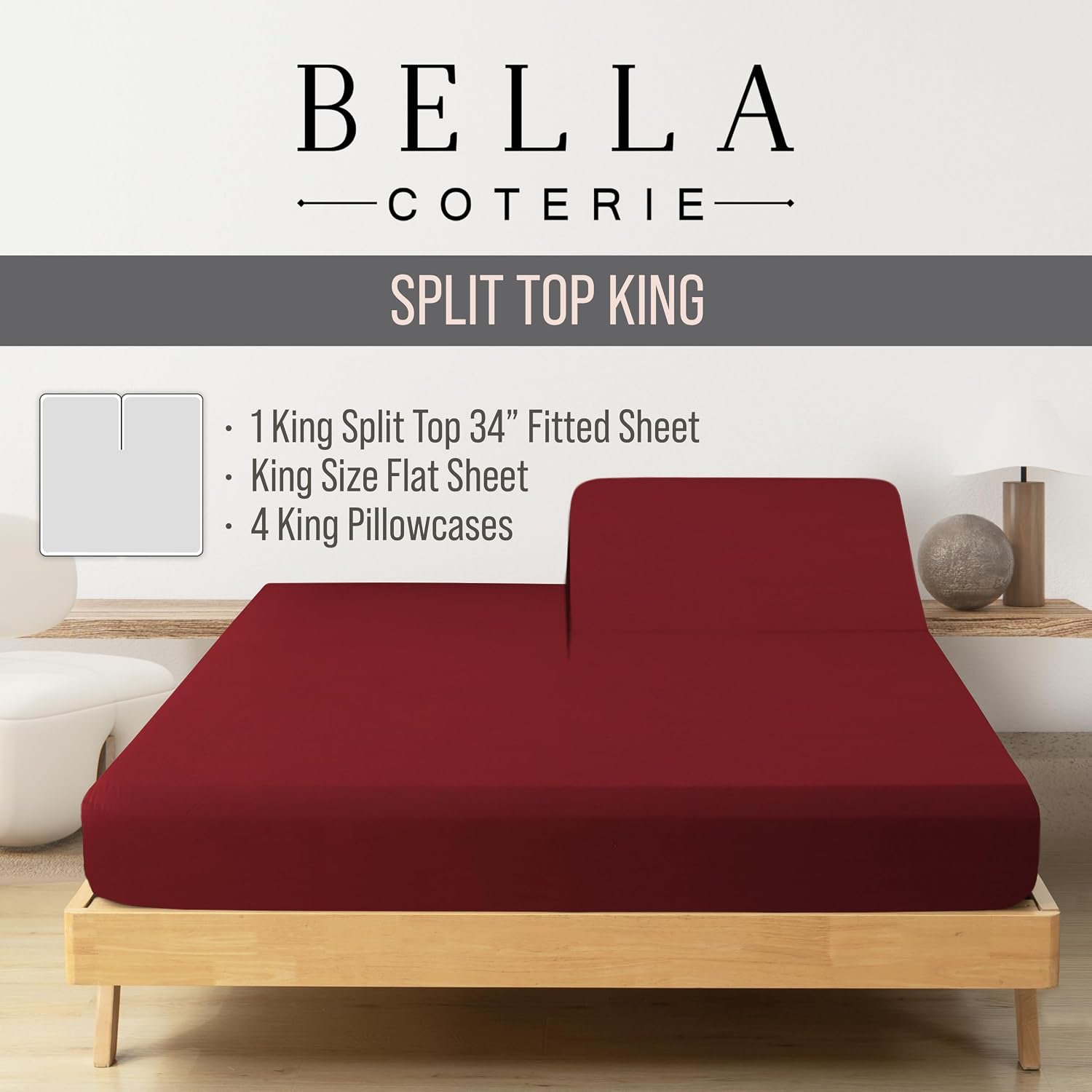 Bella Coterie 6 Piece Luxury Bamboo Viscose Split Top King Size Sheet Set | 34" Split for Adjustable Beds | 100% Organically Grown|…