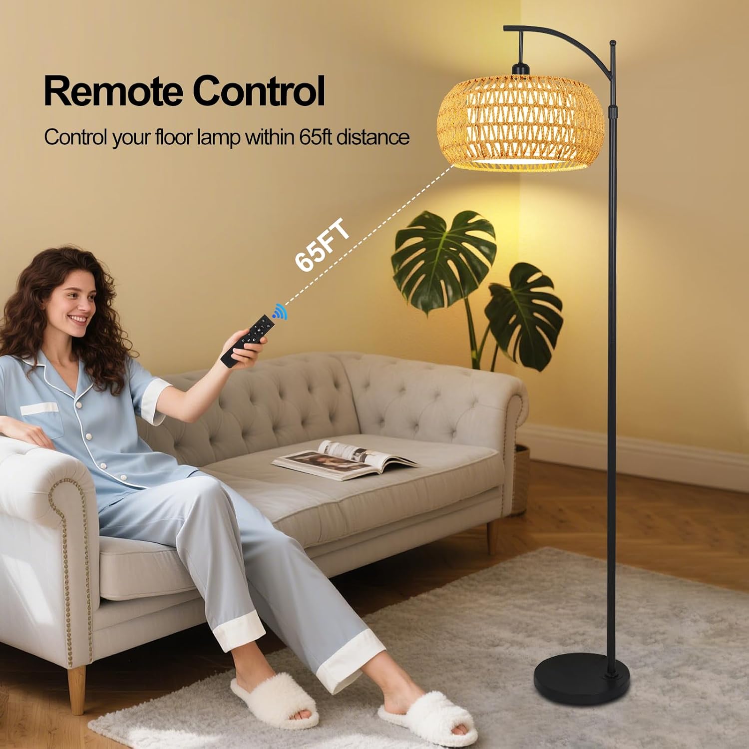 Arc Floor Lamps for Living Room Rattan Boho Floor Lamp with Remote Control, Dimmable LED Floor Lamp Wicker Lamp Shades Black Standing Lamp…