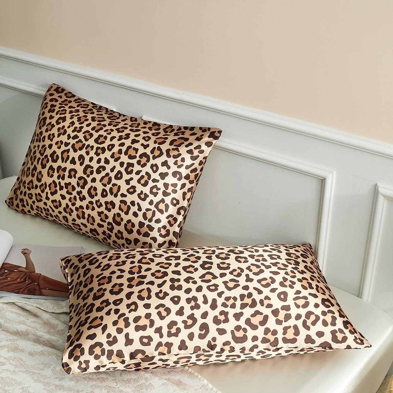 Lcbd Satin Pillowcase King Size for Hair and Skin, Gold Leopard Printed Pillow Cases Set of 2, Silk Satin Pillow Covers for Women with Enve…