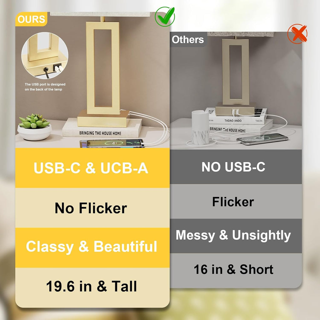 Seealle 22" Tall Bedroom Lamps for Living Room - Touch Gold Bedside Lamps with USB C+A, 3 Way Dimmable Lamp for Nightstand, Modern Night…
