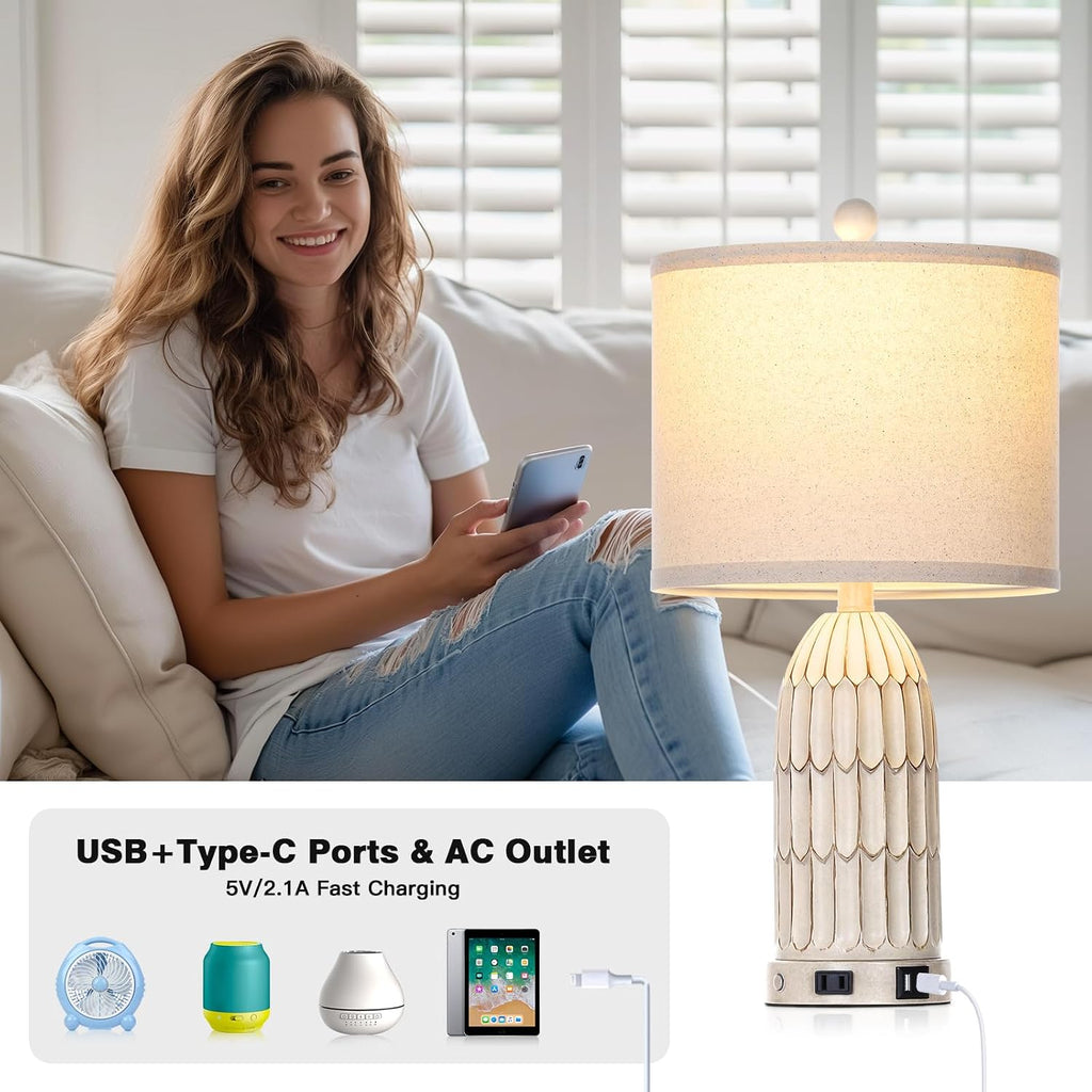 Cinkeda Farmhouse Table Lamps Set of 2, 3-Way Dimmable Touch Lamp for Bedroom Nightstand with USB A+C Ports & AC Outlet, White Vintage…