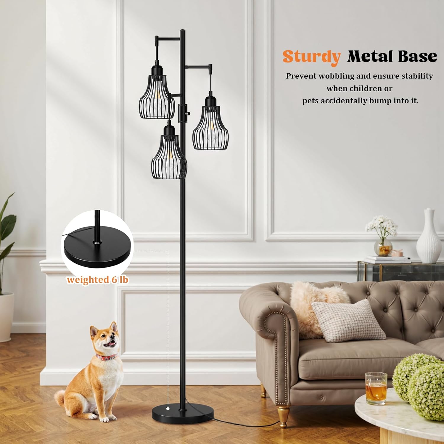 Ziisee Dimmable Floor Lamp, 3 x 800LM LED Edison Bulbs Included, Farmhouse Industrial Floor Lamp Standing Tree Lamp with Elegant Cage…