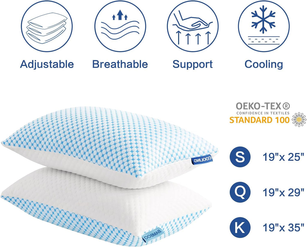 EASELAND Firm Pillows Shredded Memory Foam with Adjustable Fill - Queen Size Set of 2, Removable Cooling Cover for Hot Sleepers, Cool Bed…