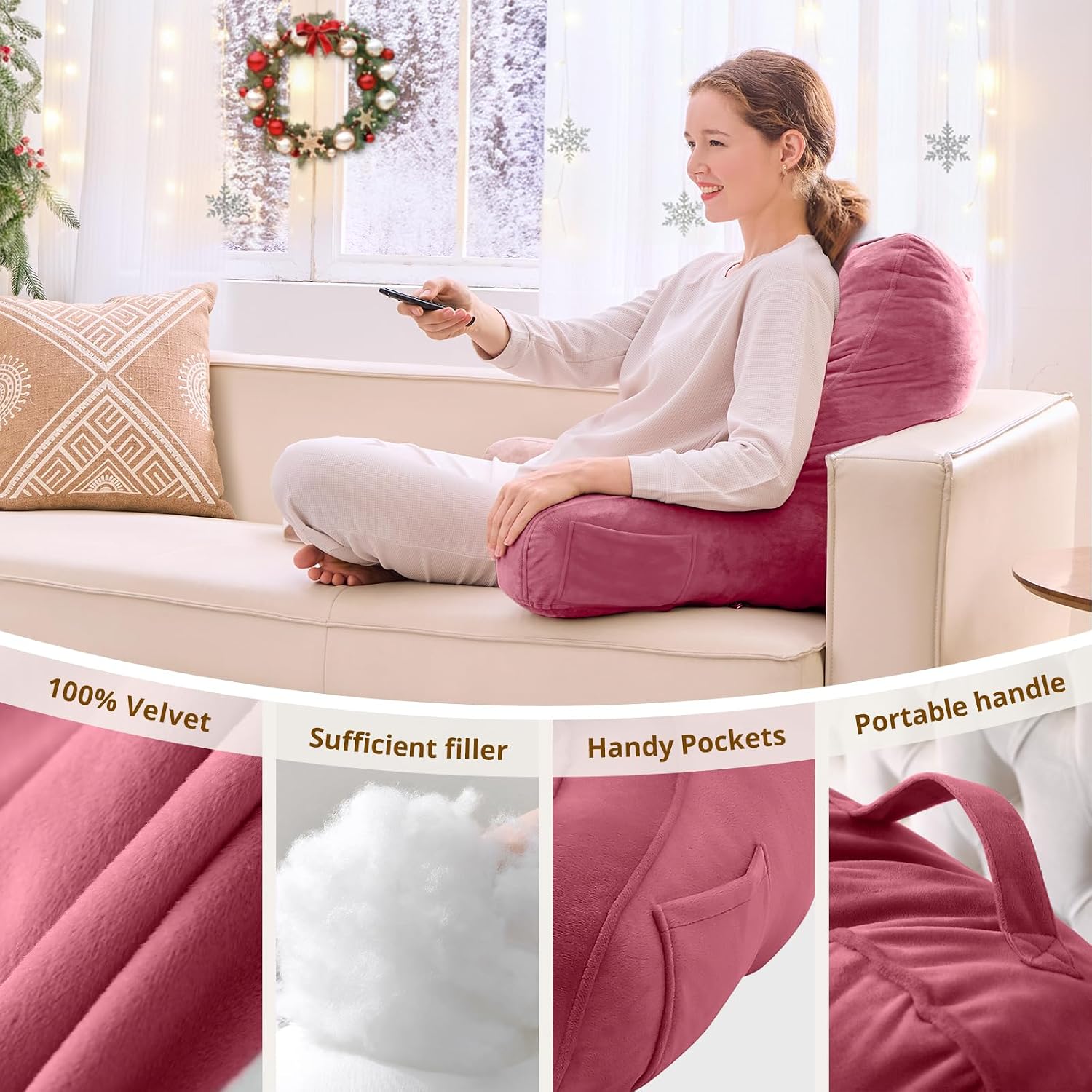 Sasttie Reading Pillow, Pillows for Reading or Relaxing – Ergonomic Support for Head, Neck, Back, and Lumbar, 21-Inch, Rose Pink Pink