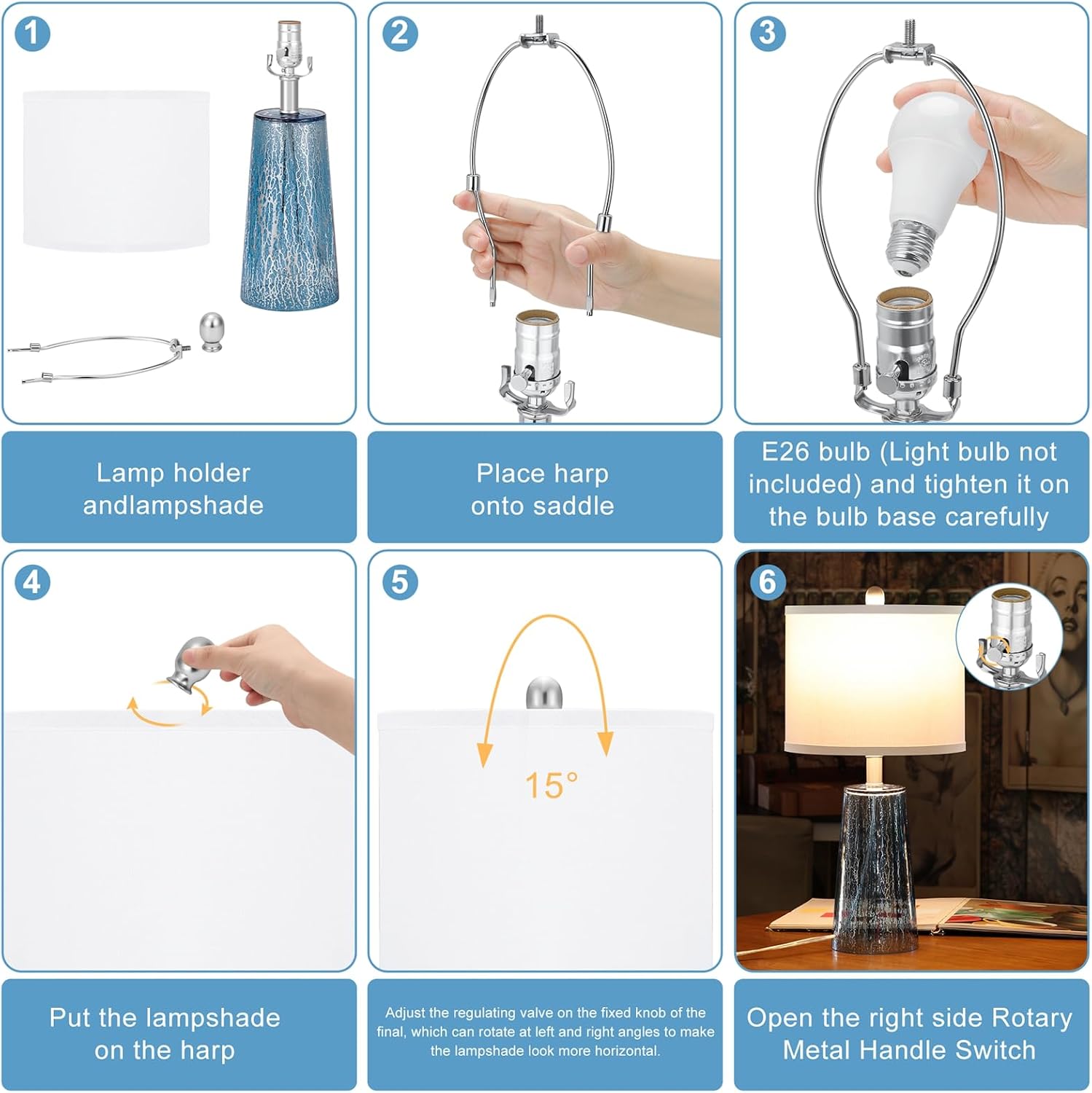 Modern Coastal Table Lamps 23” High Blue Silver Hand-Applied Mercury Tapered Column Glass Bedside Lamps, for Bedroom Living Room Home…