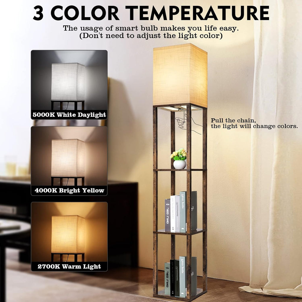 RUNTOP Floor Lamp with Shelves, Modern Shelf Lamp for Display Storage, 3 Color Temperature Wood Narrow Standing Corner Lamp with 8W Bulb…
