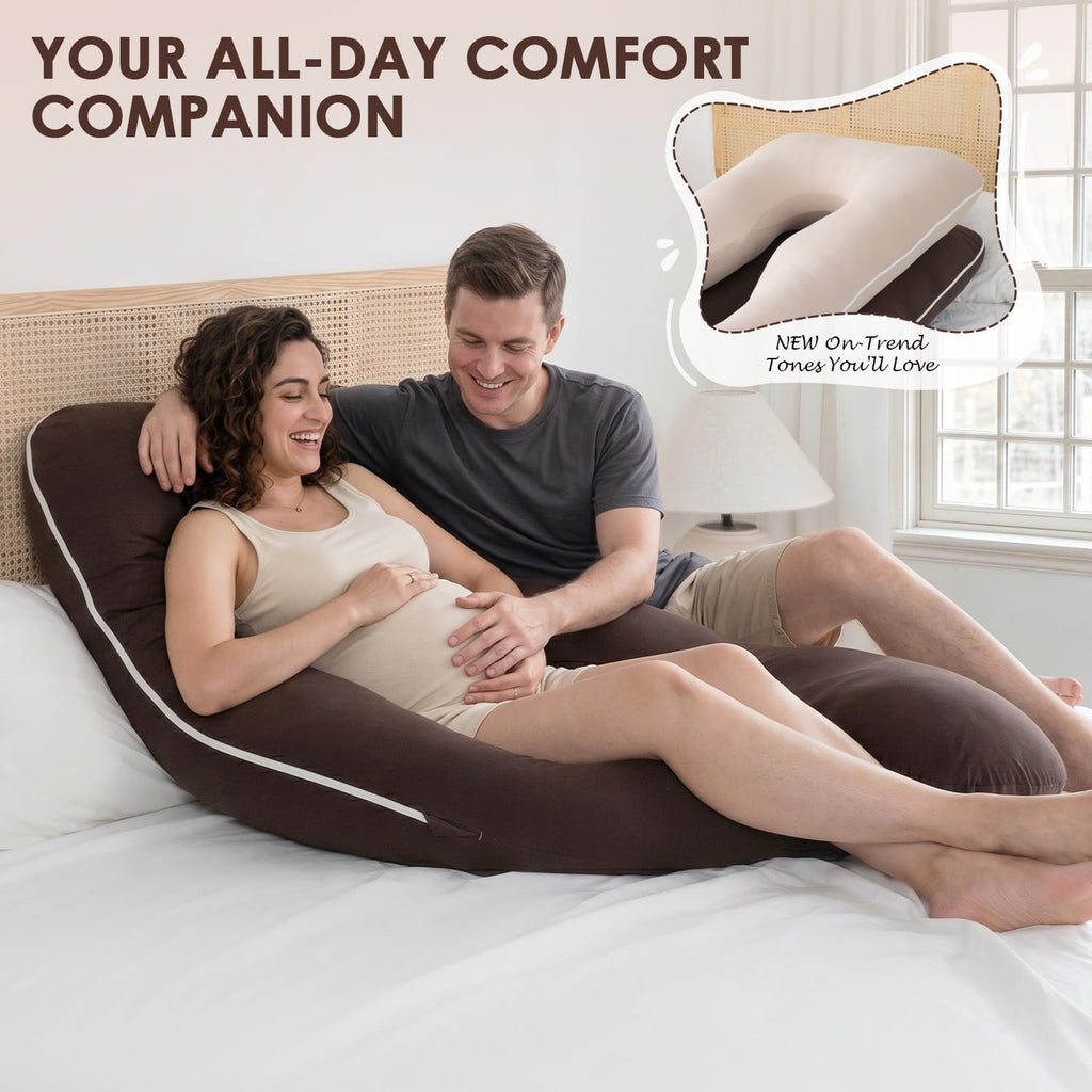 Queenrose QUEEN ROSE U Shaped Pregnancy Pillow, Breathable Cotton Full Body Support for Maternity, Coffee Cotton