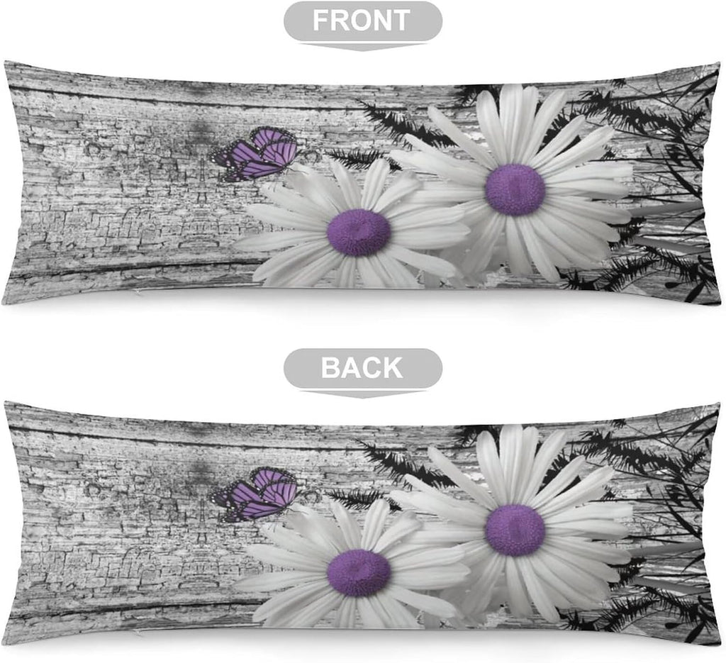Body Pillow Cover Rustic Floral Body Pillowcase White Purple Daisy Flower Butterfly Decorative Rectangle Long Pillow Cases Gray Barn…