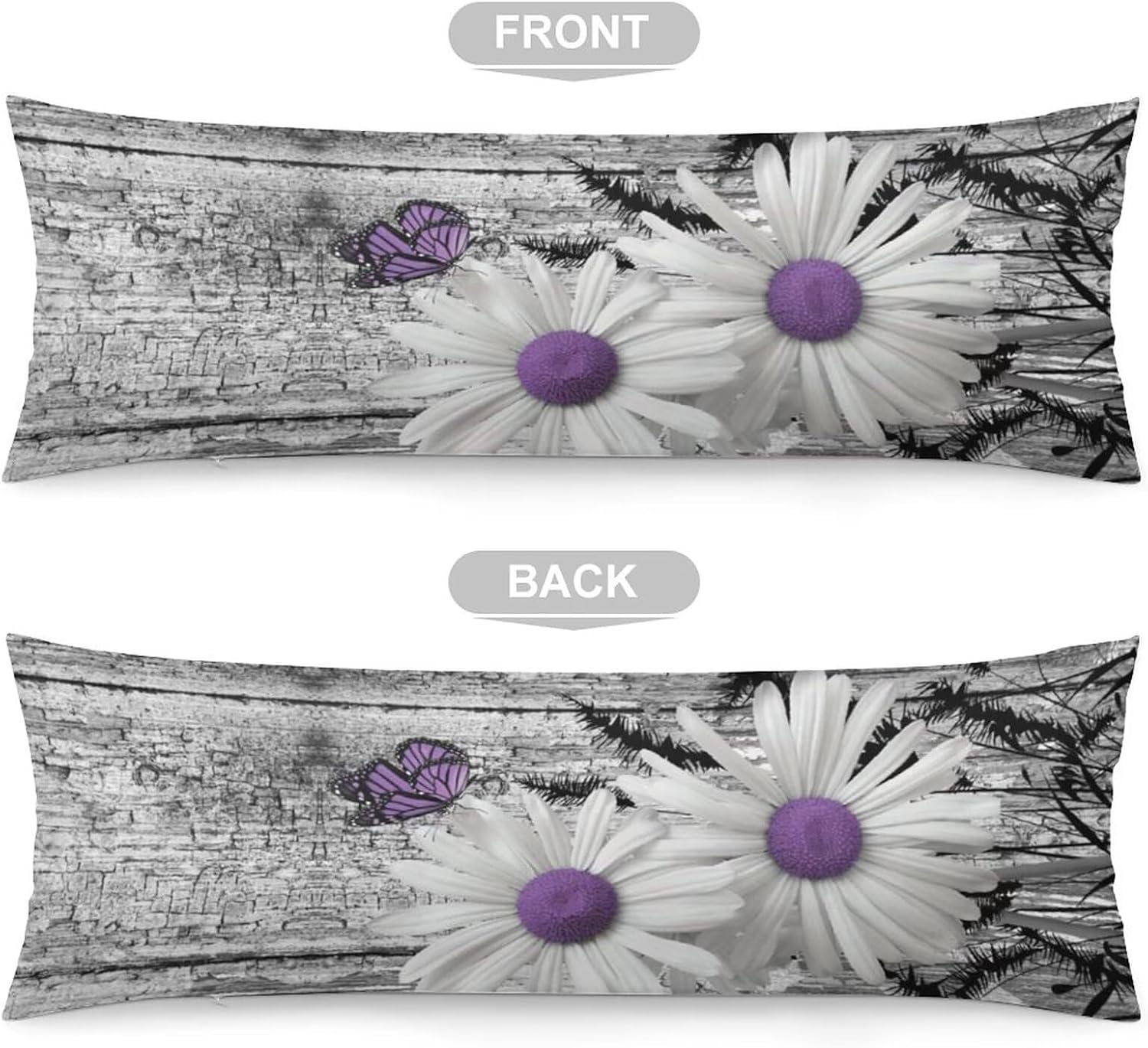 Body Pillow Cover Rustic Floral Body Pillowcase White Purple Daisy Flower Butterfly Decorative Rectangle Long Pillow Cases Gray Barn…