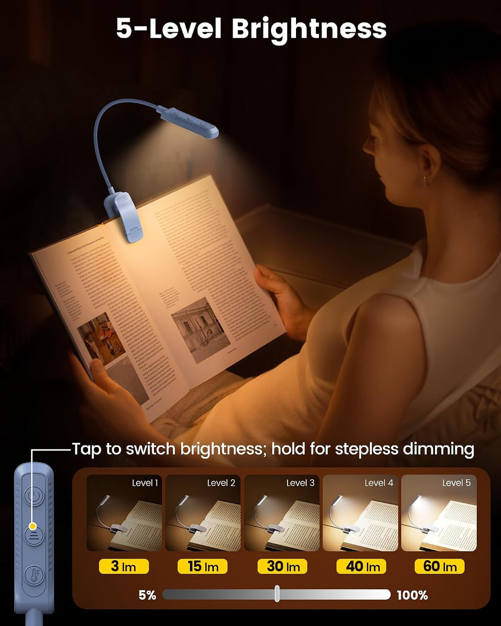 Glocusent 13 LED Rechargeable Book Light for Reading at Night, Eye-Caring 3 Amber Colors & Stepless Dimming, Lasts 1 Week to 2 Months, Trav…