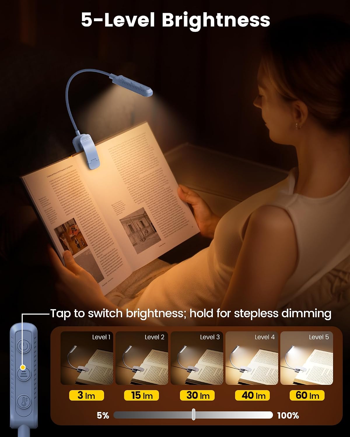 Glocusent 13 LED Rechargeable Book Light for Reading at Night, Eye-Caring 3 Amber Colors & Stepless Dimming, Lasts 1 Week to 2 Months, Trav…