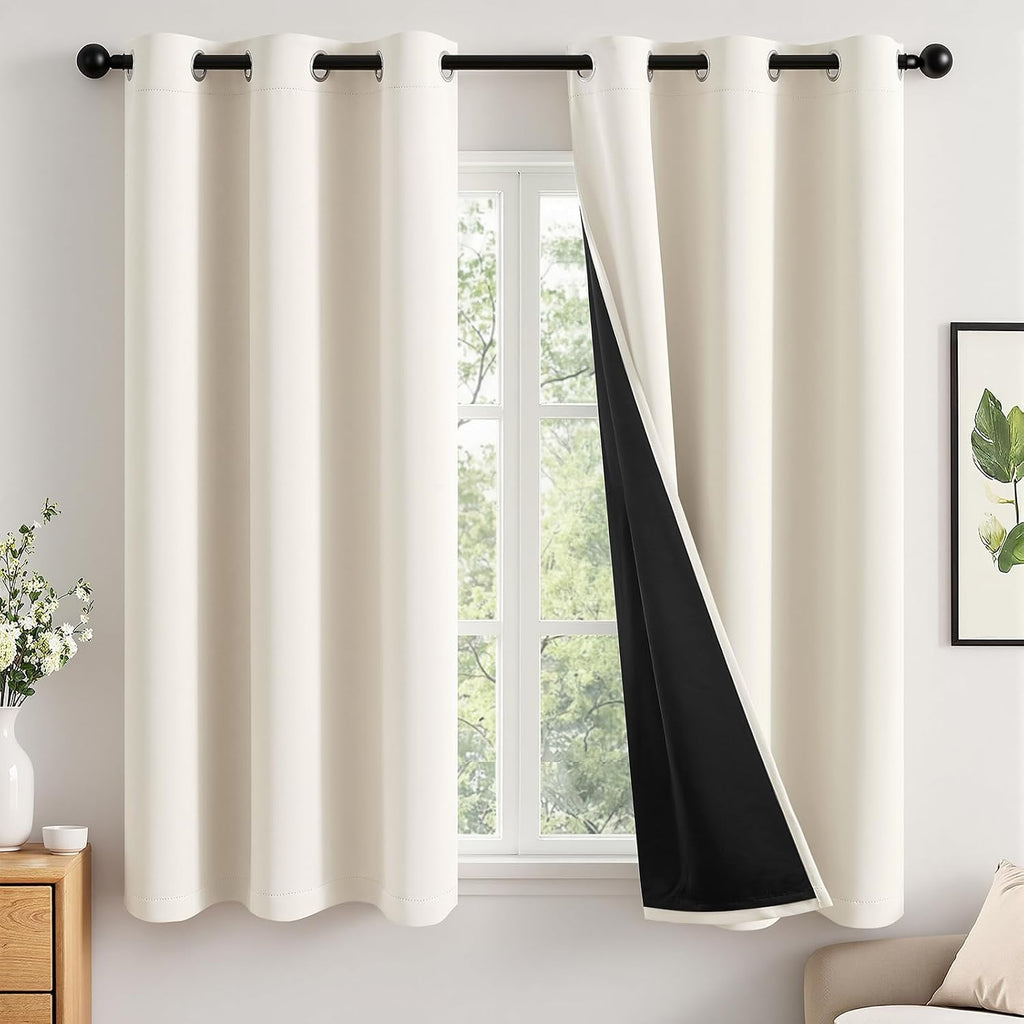 Miulee Cream 100% Blackout Curtains for Bedroom 54 Inch Length, 2 Thick Layers Thermal Insulated Short Window Curtains with Black Liner, No…
