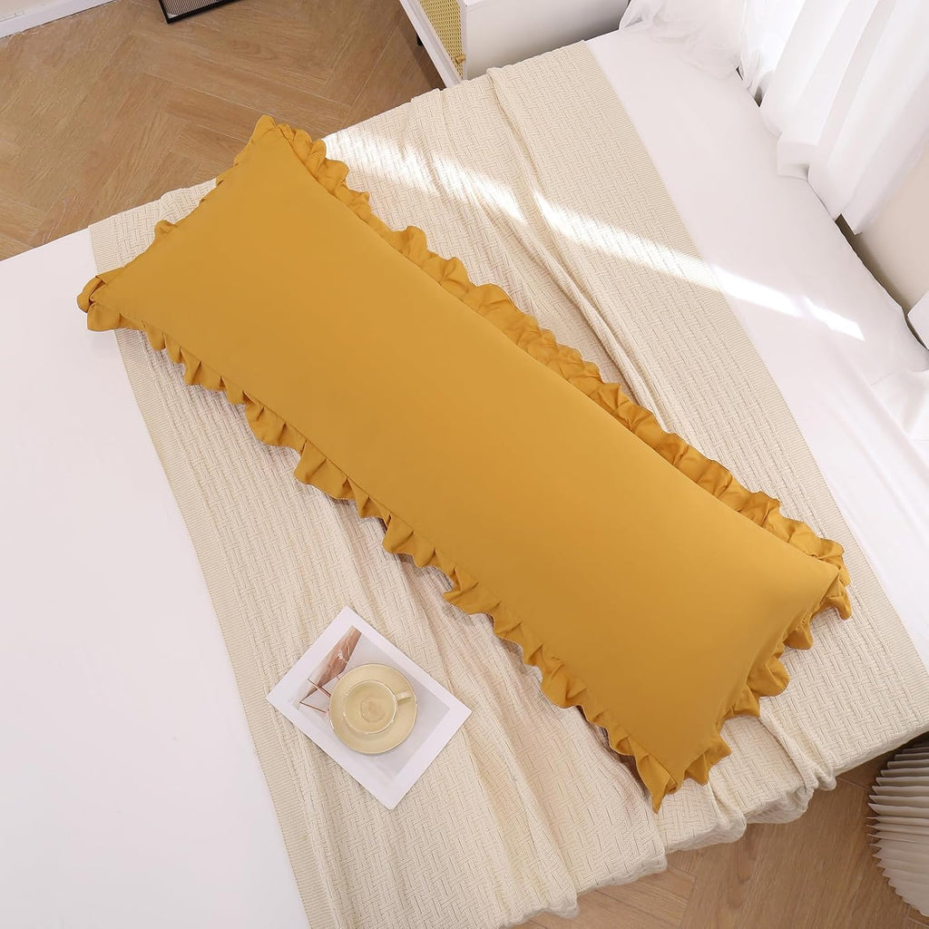 Merryword Mustard Yellow Body Pillow Cover 20x54inches Long Pillowcase Yellow Ruffled Chic Boho Pillowcases Ruffled Fringe Decor Body Ruffl…