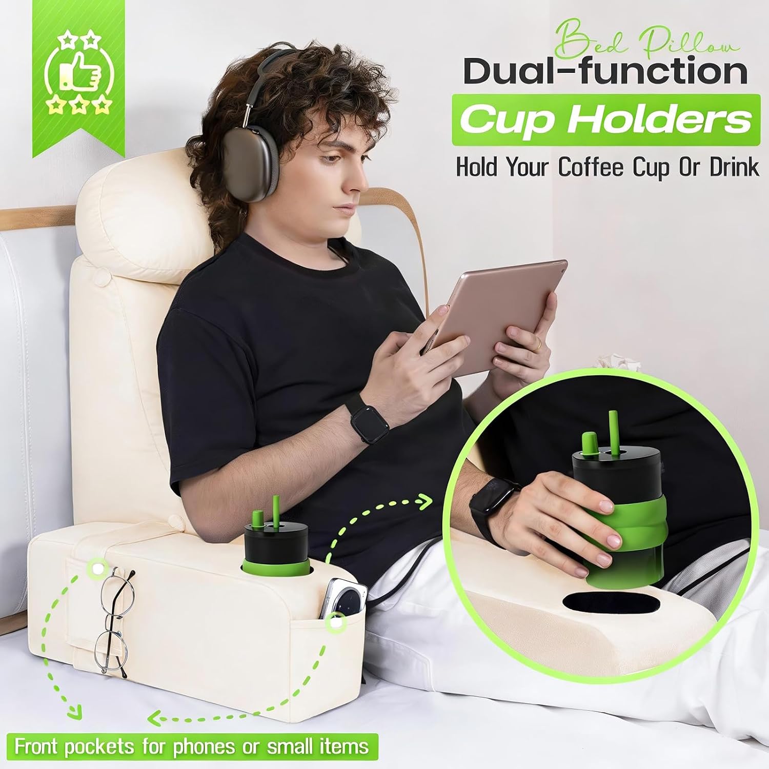 Asawesling Reading Pillow for Adults, Back Pillow for Bed Sitting Up, Backrest Pillow for Sitting in Bed, Detachable Arms with Built-in Cup…