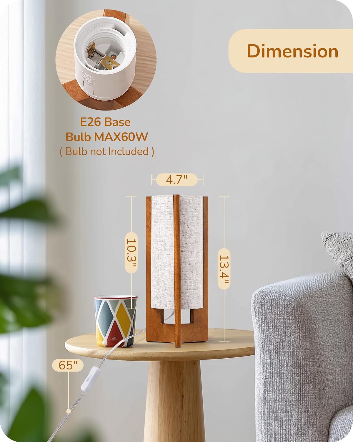 EDISHINE 13.5" Small Table Lamp, Walnut Wood Cylinder Nightstand Lamp for Bedroom, Beige Linen Shade, Corner Modern Bedside Lamp for…