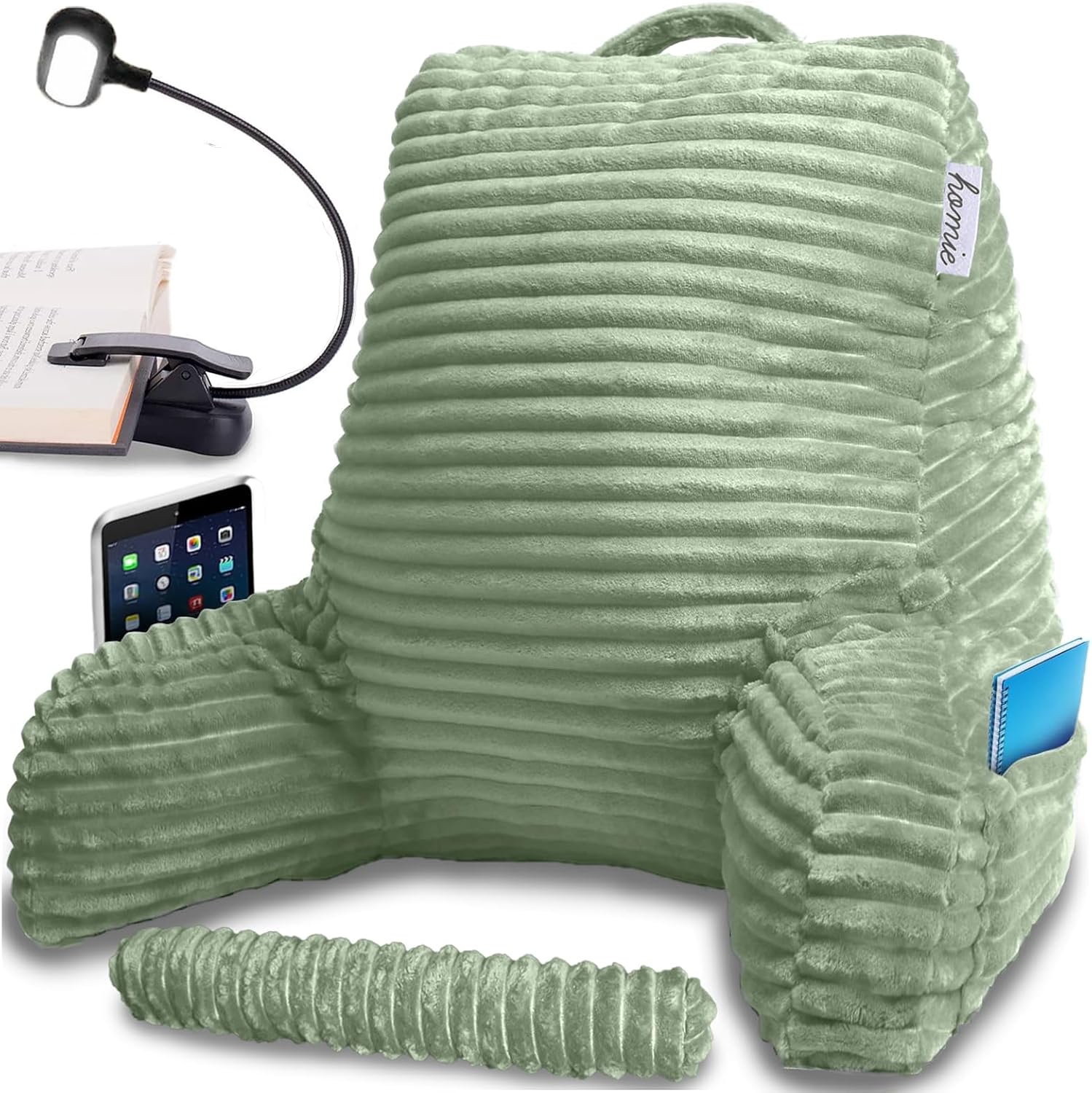 Homie Reading Pillow with Reading Light and Wrist Support, Has Arm Rests, and Back Support for Bed Rest, Lounging, Reading, Working on…