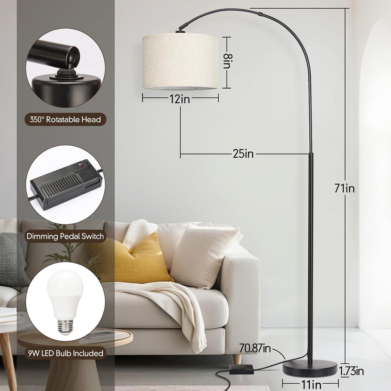 Dimmable Floor Lamp, Arc Floor Lamp with Dimmer, Black Standing Lamp with Adjustable Hanging Shade, Over Couch Tall Reading Light, Modern…