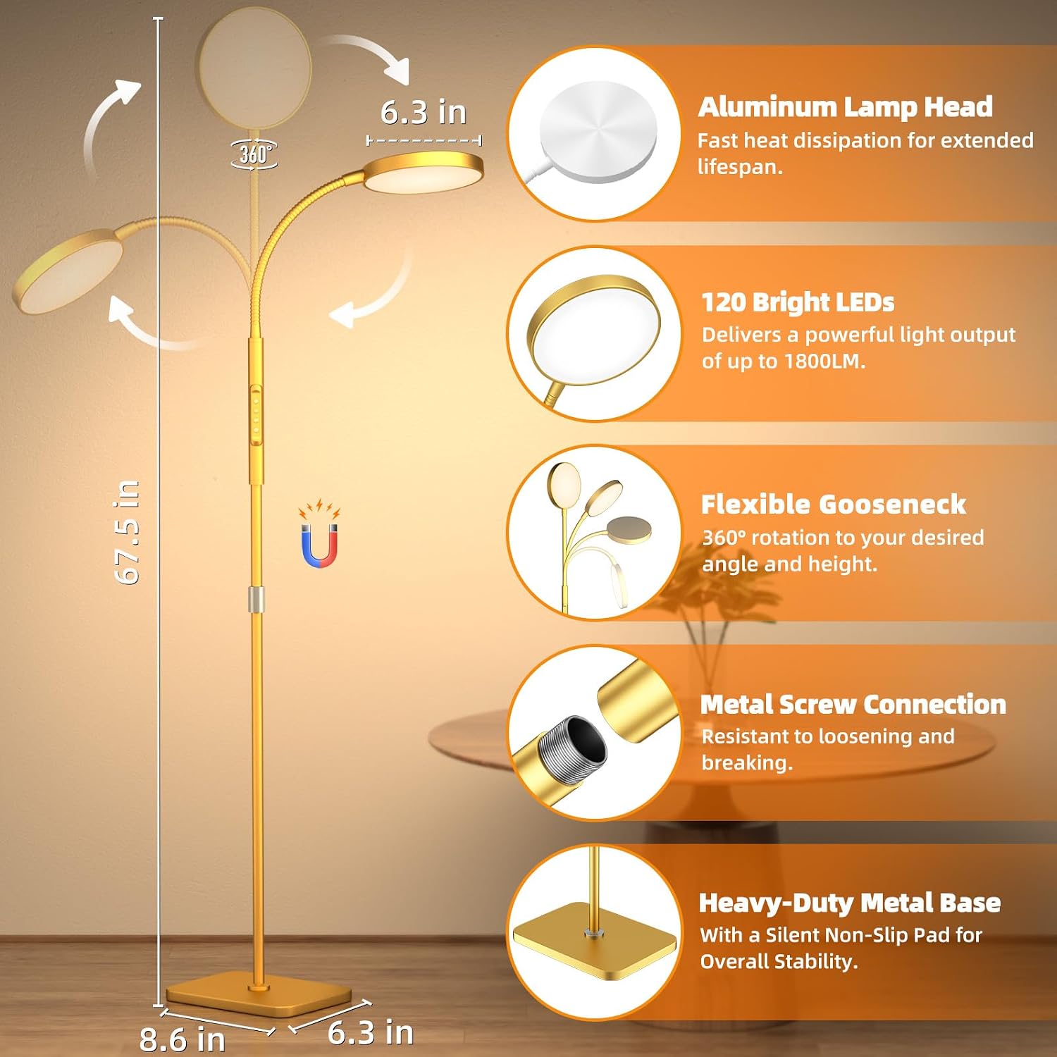 Pacovy Floor Lamp, Adjustable Height Floor Lamps for Living Room Bedroom, 120 LED Super Bright Standing Lamp Remote & Touch Control Dimmabl…