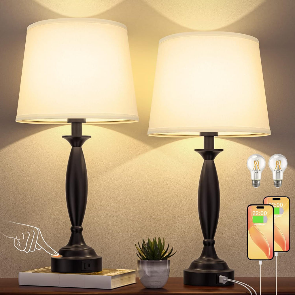 Seealle White Lamps for Bedrooms Set of 2 - Touch Control Bedside Lamp with USB C+A, 3 Way Dimmable Nightstand Lamps with USB Port, Table…