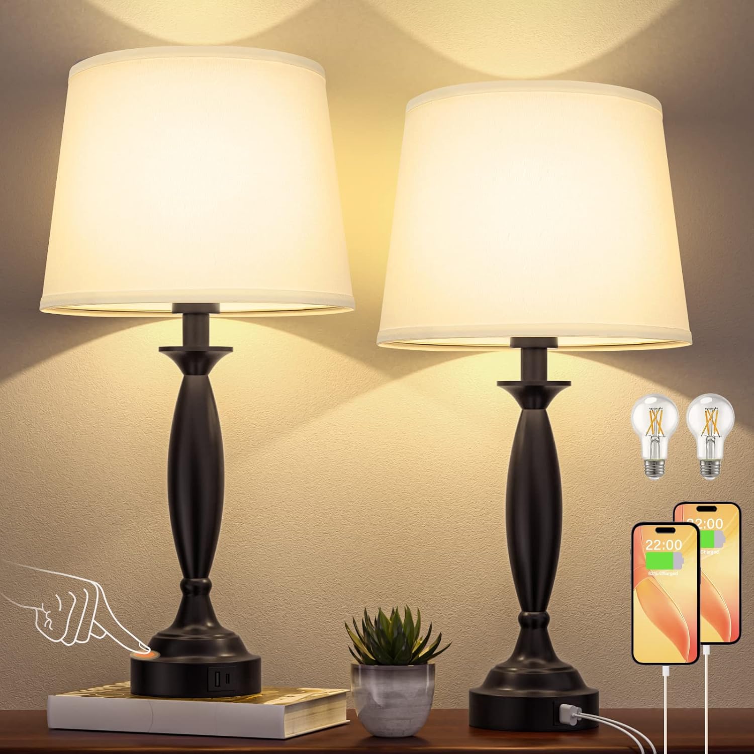 Seealle White Lamps for Bedrooms Set of 2 - Touch Control Bedside Lamp with USB C+A, 3 Way Dimmable Nightstand Lamps with USB Port, Table…