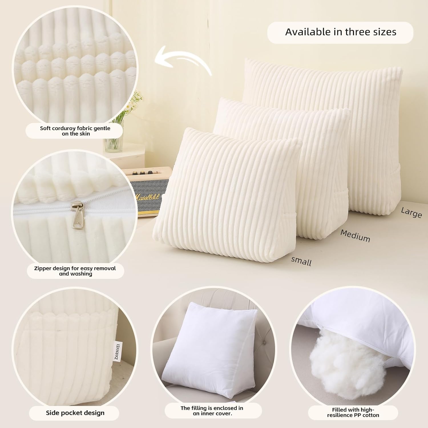 Corduroy Wedge Reading Pillow for Bed, 3 Sizes, 4 Colors for Bed, Sofa, Office Chair (White, Large 24 * 20 * 8in)