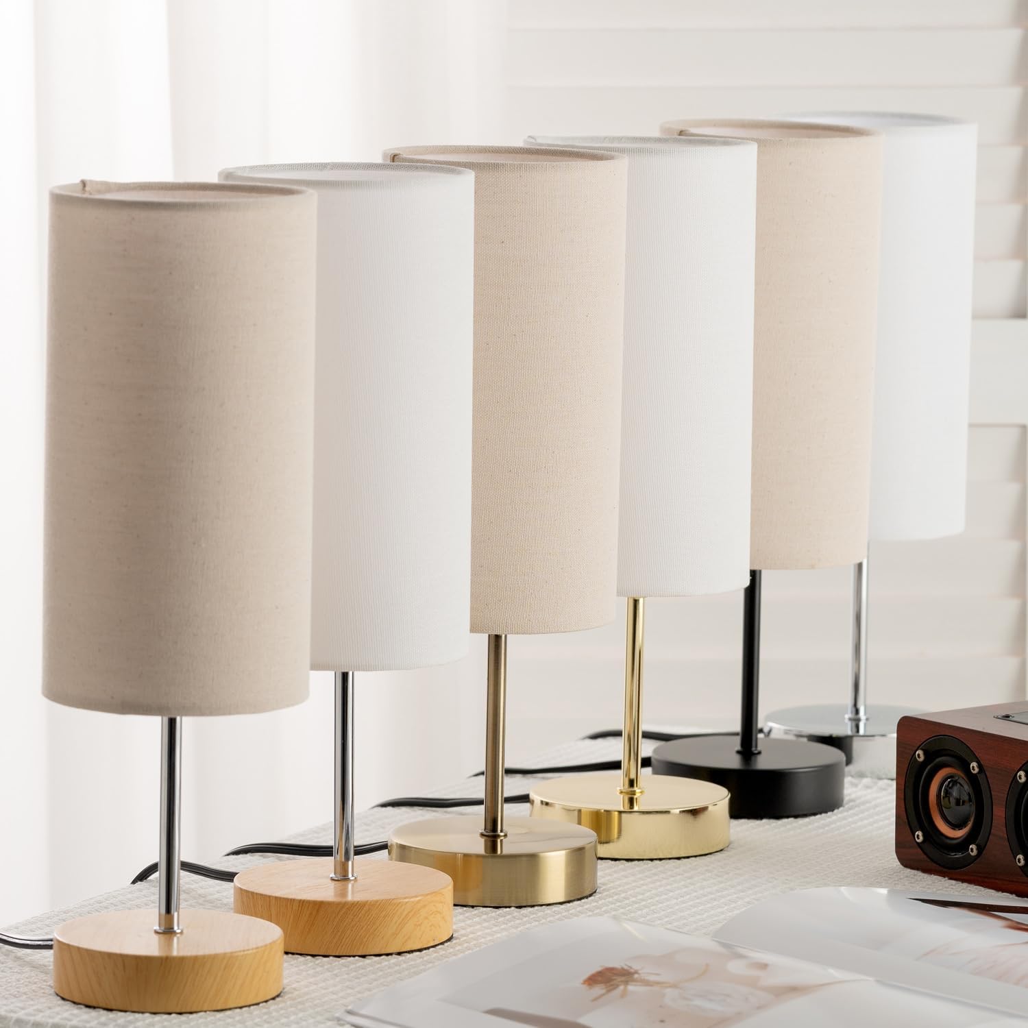 Small Table Lamp for Bedroom Nightstand, Round White Fabric Shade and Silver Metal Base, Modern Minimalist Bedside Lamps for Dresser, End…