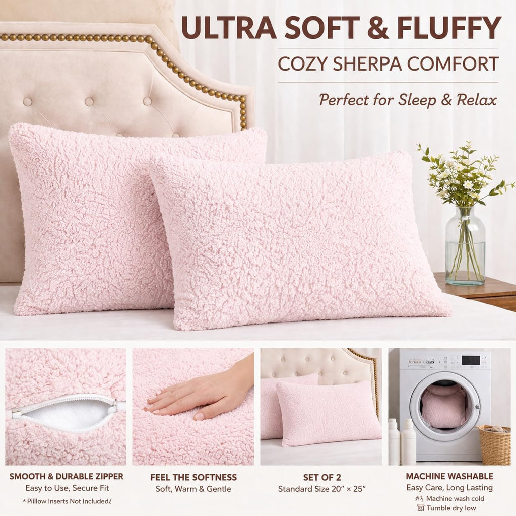 Reafort Sherpa Pillowcases Set of 2, Plush Fleece Standard Pillow Covers 20" x 26" with Zipper Closure, Fluffy Ultra Soft Cozy Pillowcases…