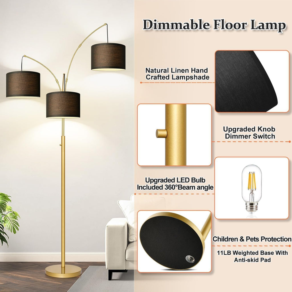 Nintiue Dimmable Floor Lamp - 3 Lights Gold Floor Lamps for Living Room with Black Shades & Heavy Base, Mid Century Tree Floor Lamp for…