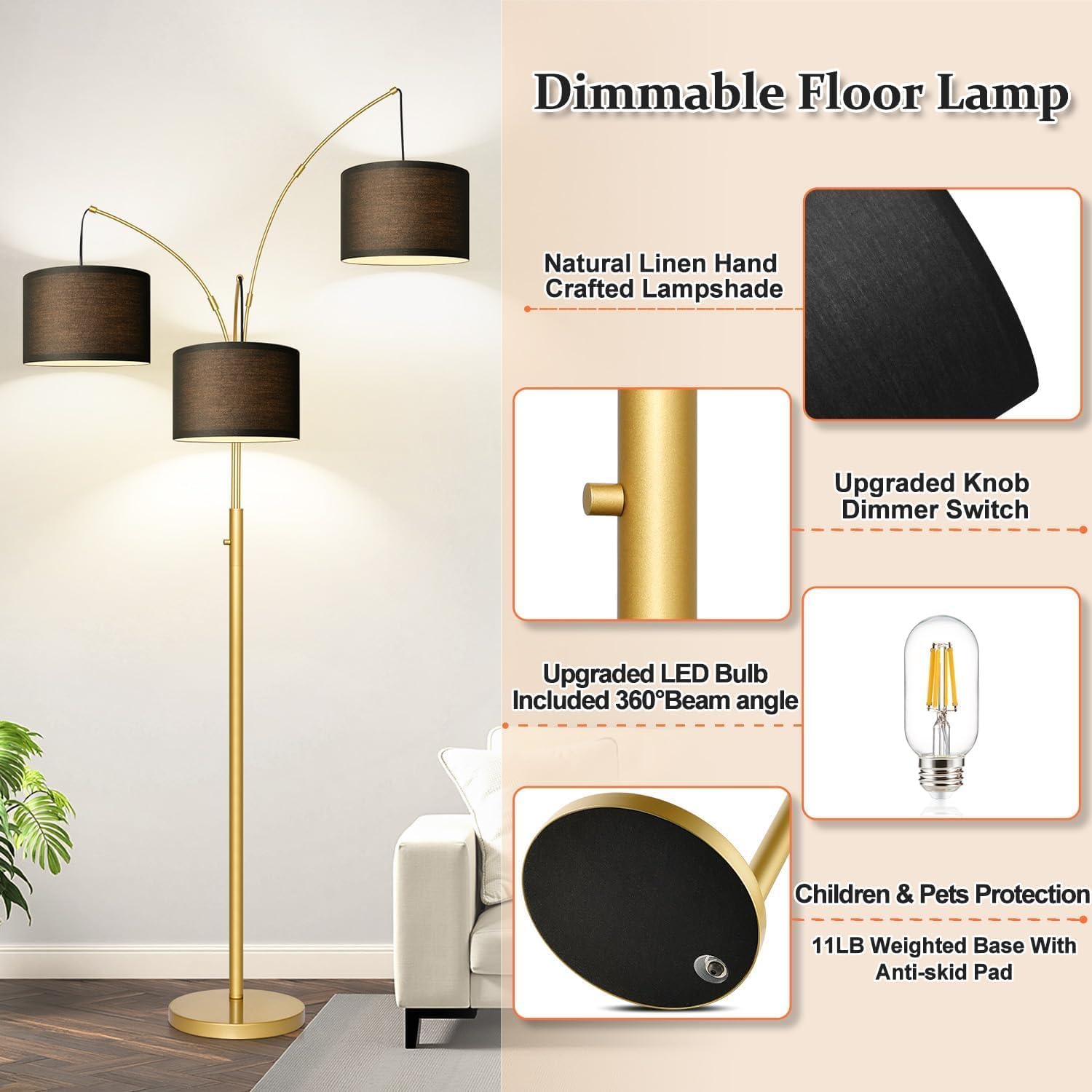 Nintiue Dimmable Floor Lamp - 3 Lights Gold Floor Lamps for Living Room with Black Shades & Heavy Base, Mid Century Tree Floor Lamp for…