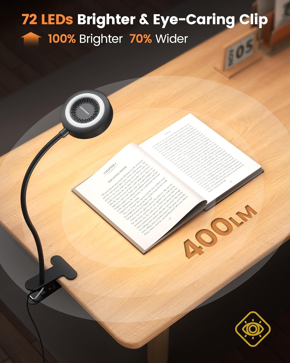 Glocusent 72 LED Clip on Lamp with Remote, Reading Light with Amber Ring, 3 Colors & 5 Dimmable Bed Lamp, 30/60-Min Auto Off Timer, Clamp…