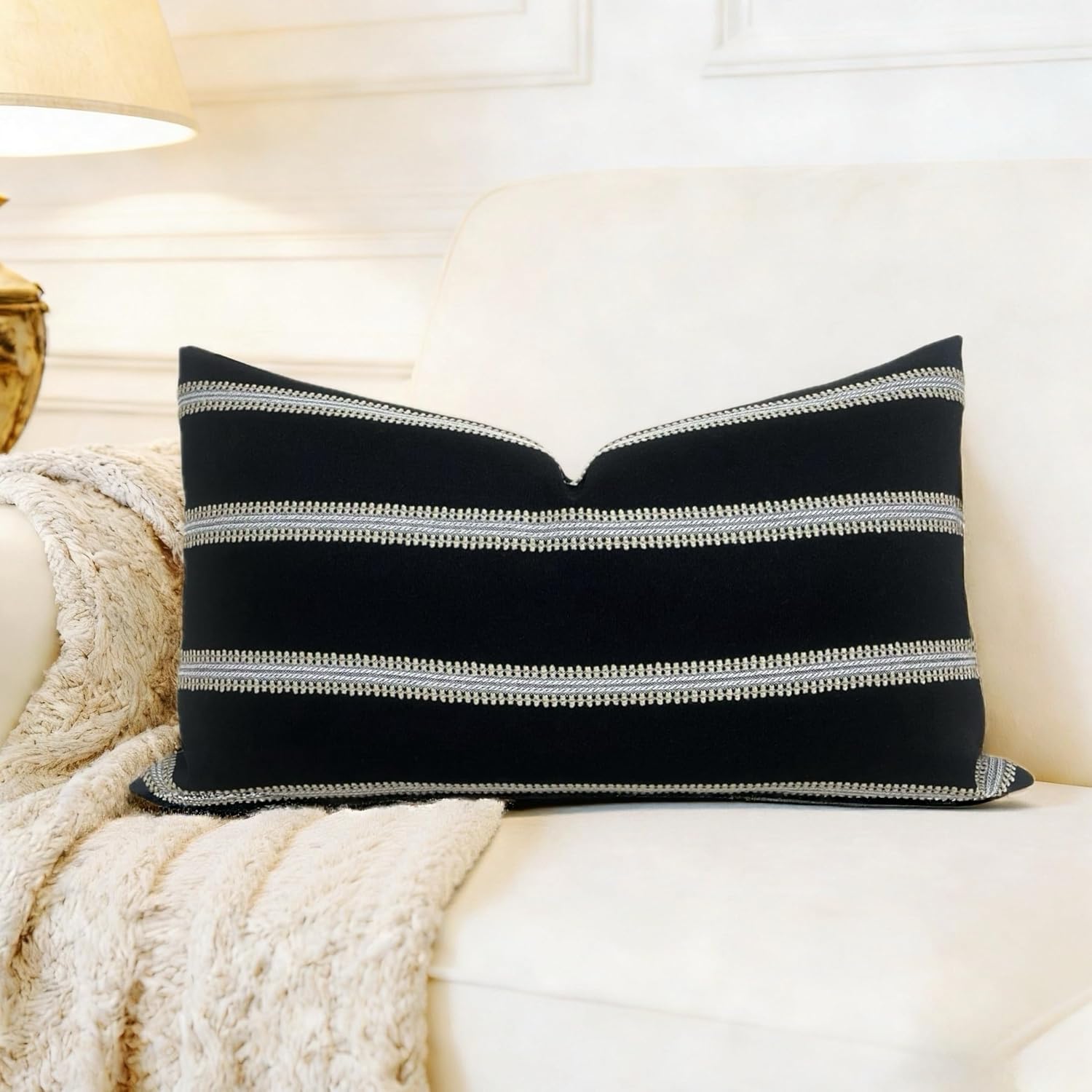 Slow Cow Decorative Rectangular Throw Pillow Cover Textured Woven Stripe Lumbar Accent Cushion Cover for Couch Sofa 12 x 20 Inches Black…