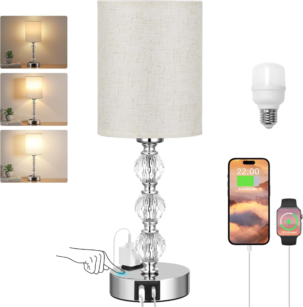White Touch Bedside Lamps for Bedrooms - Crystal Table Lamp with USB C+A Charging Port and AC Outlet Nightstand, 3 Way Dimmable Silver…
