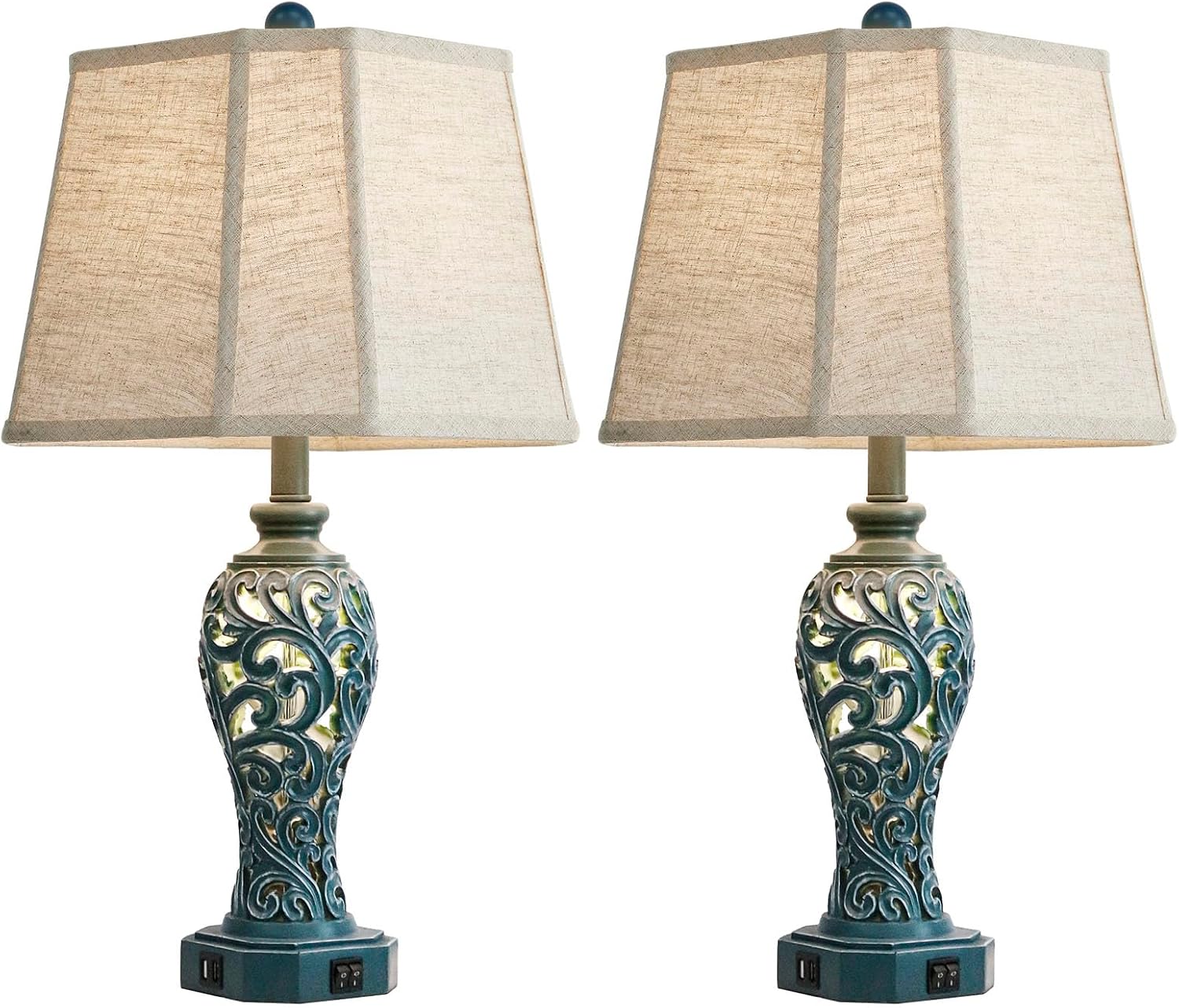 25'' Farmhouse Table Lamps Set of 2 for Living Room Bedroom, 2 USB Ports Coastal Vintage Table Lamp with Nightlight, Blue Green Hollow…