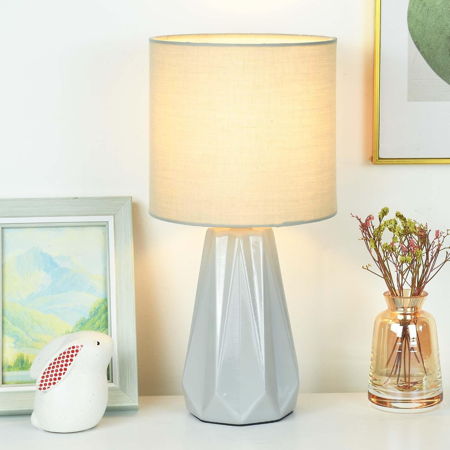 Elisa Light Grey Small Table Lamp for Living Room as Bedside Table Lamp for Bedroom, Modern Ceramic Kids Night Table…