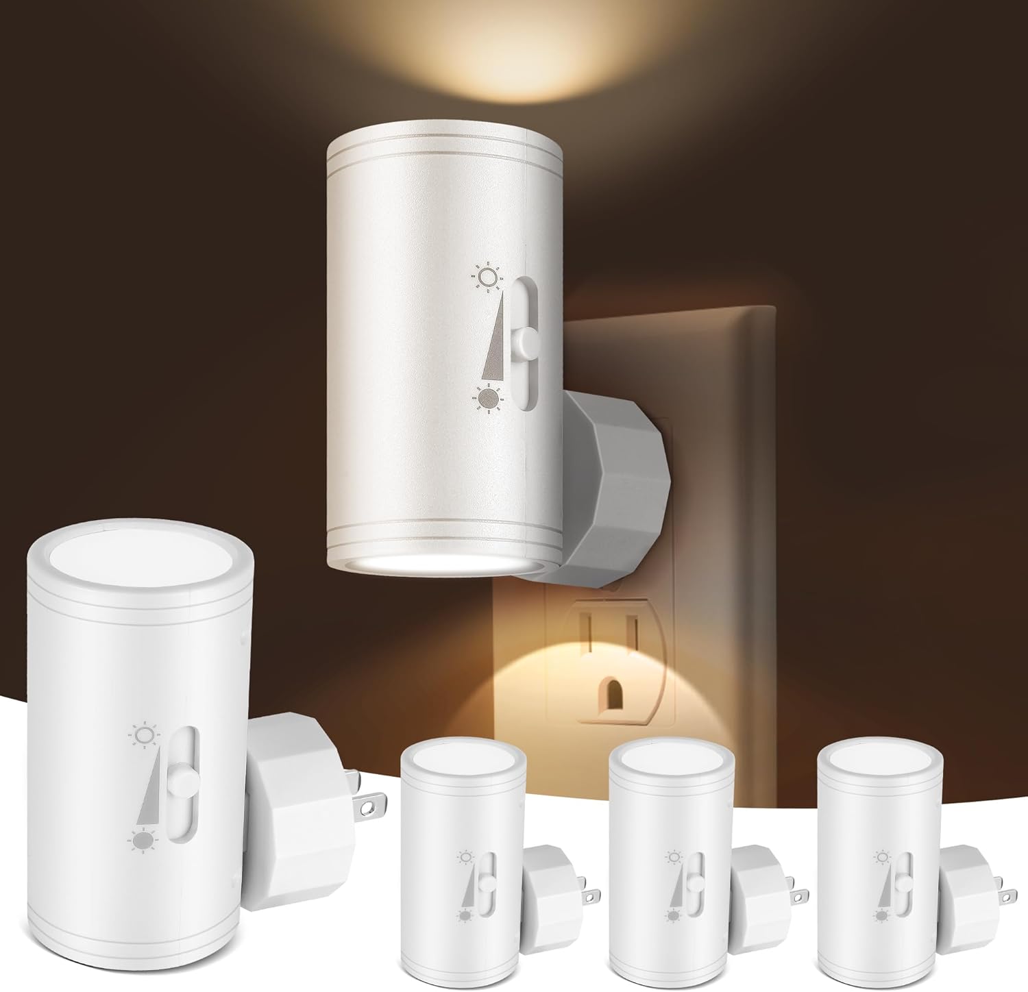 4 Pack LED Plug-in Wall Night Light with Dimmable 0-300 Lumens, 3000K Soft White, Auto On/Off Light Sensor & Adjustable Head for Hallway…