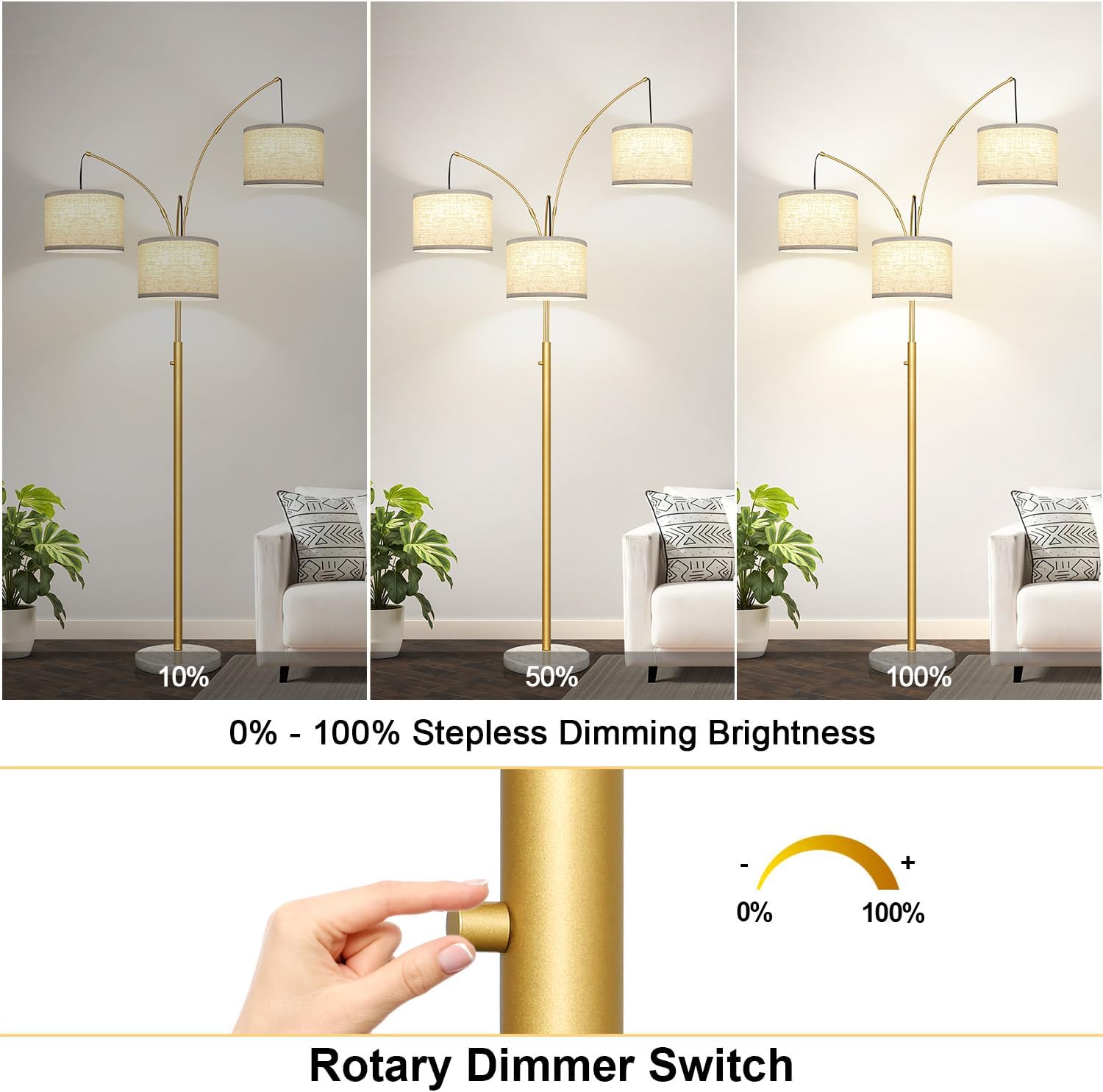 Dimmable Floor Lamp - 3 Lights Gold Arc Floor Lamps for Living Room, 1000LM Modern Tall Standing Lamp with White Shade&Marble Base, Mid…