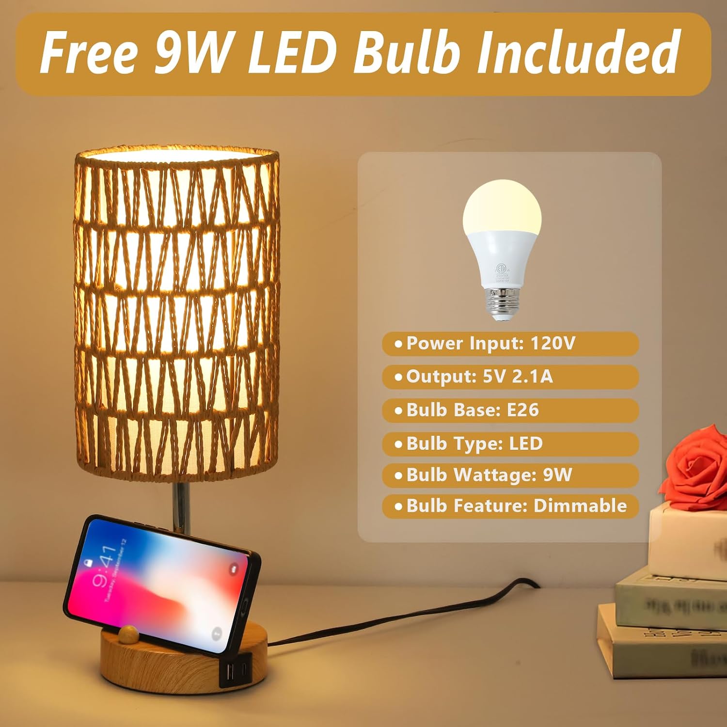 Bedside Lamps Set of 2 with Bulb, Touch Control Nightstand Lamp for Bedroom with Rattan & Linen Shade, 3 Way Dimmable Small Boho Table…