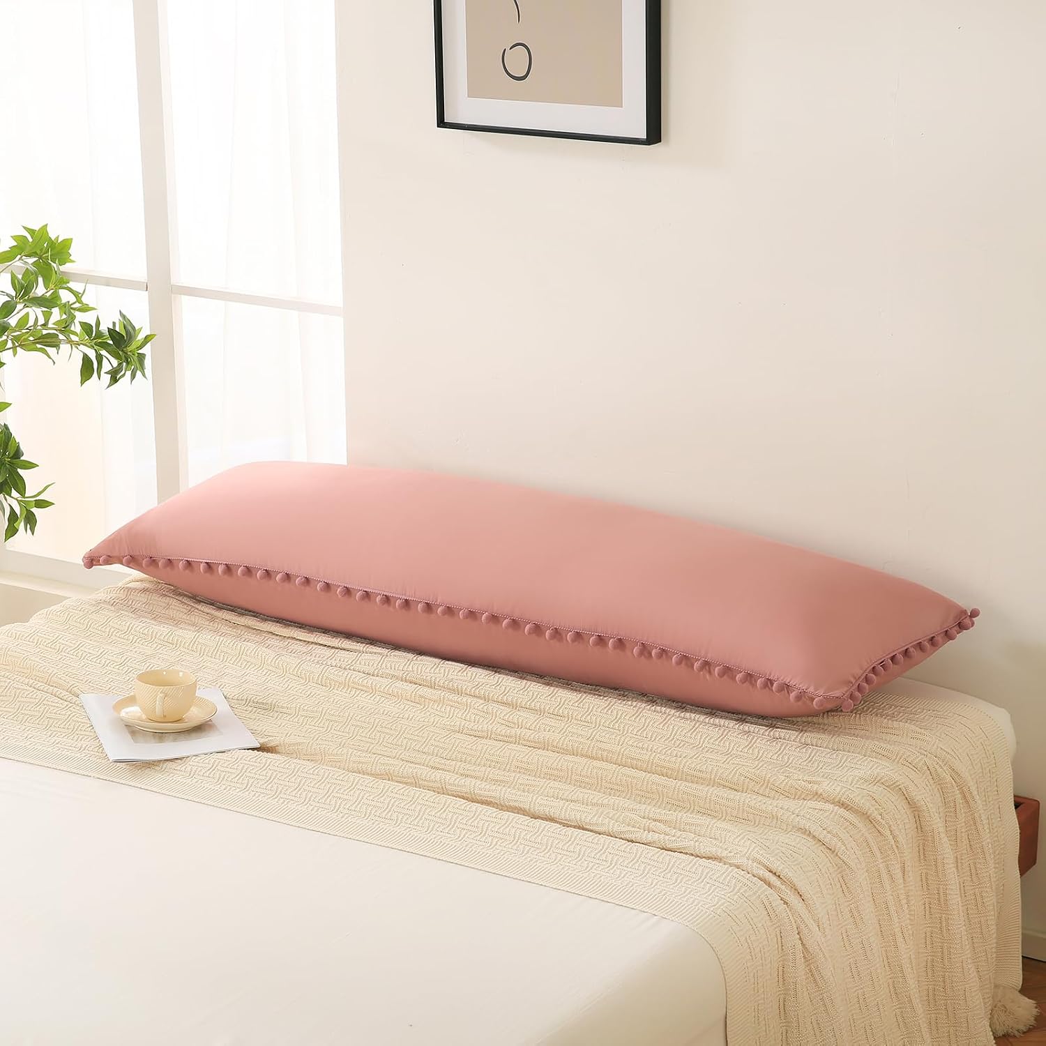 Moveover Bean Paste Pink Body Pillow Cover 20x54 Body Pillow Cover Cute Pom Poms Fringe Design Boho Chic Decor Long Pillow Case Cover with…