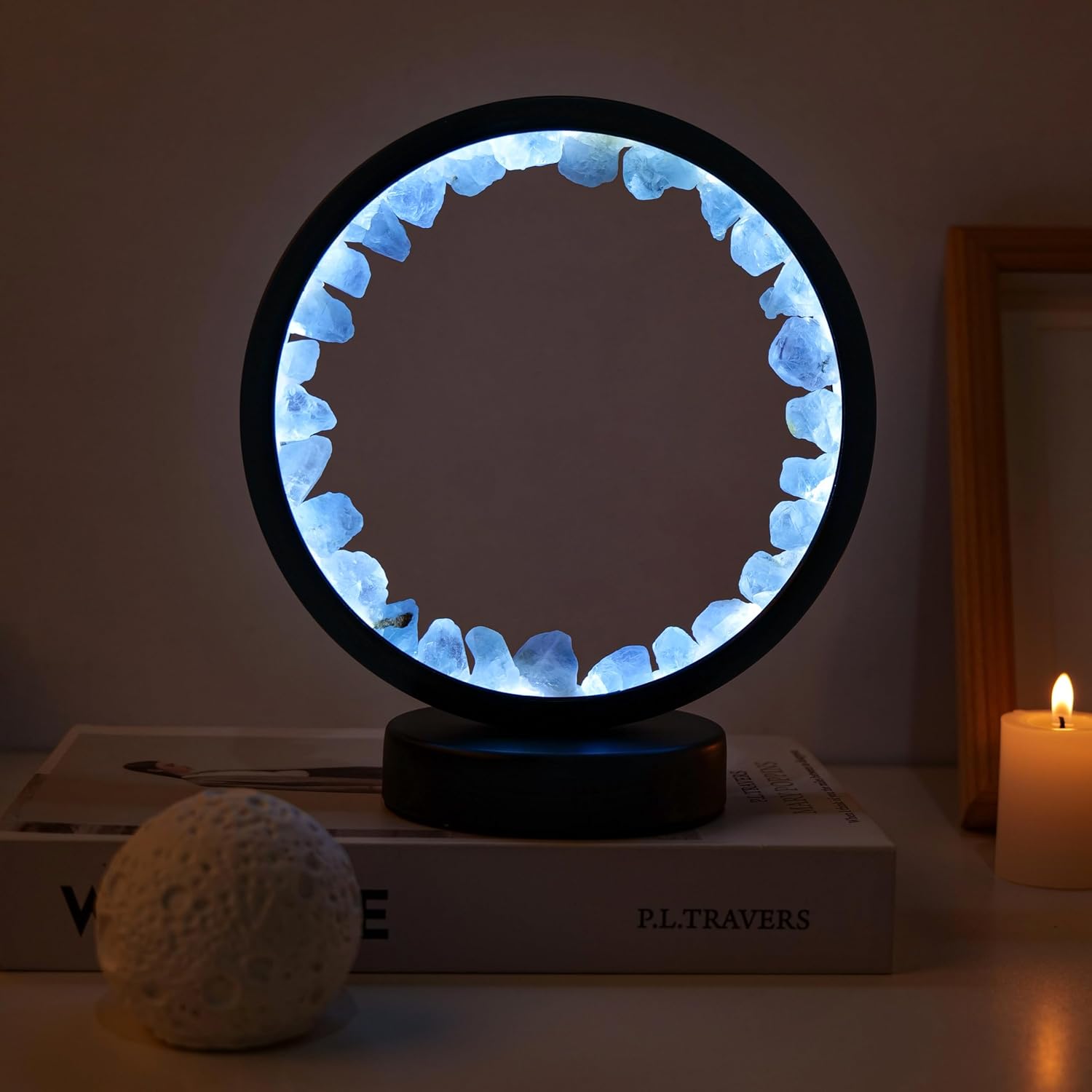 Runyangshi Celestite Night Light 8.6" Natural Healing Crystal Bedside USB Port 3 Colours Dimming Mode Bedroom Lamp Suitable Night Lamp Idea…