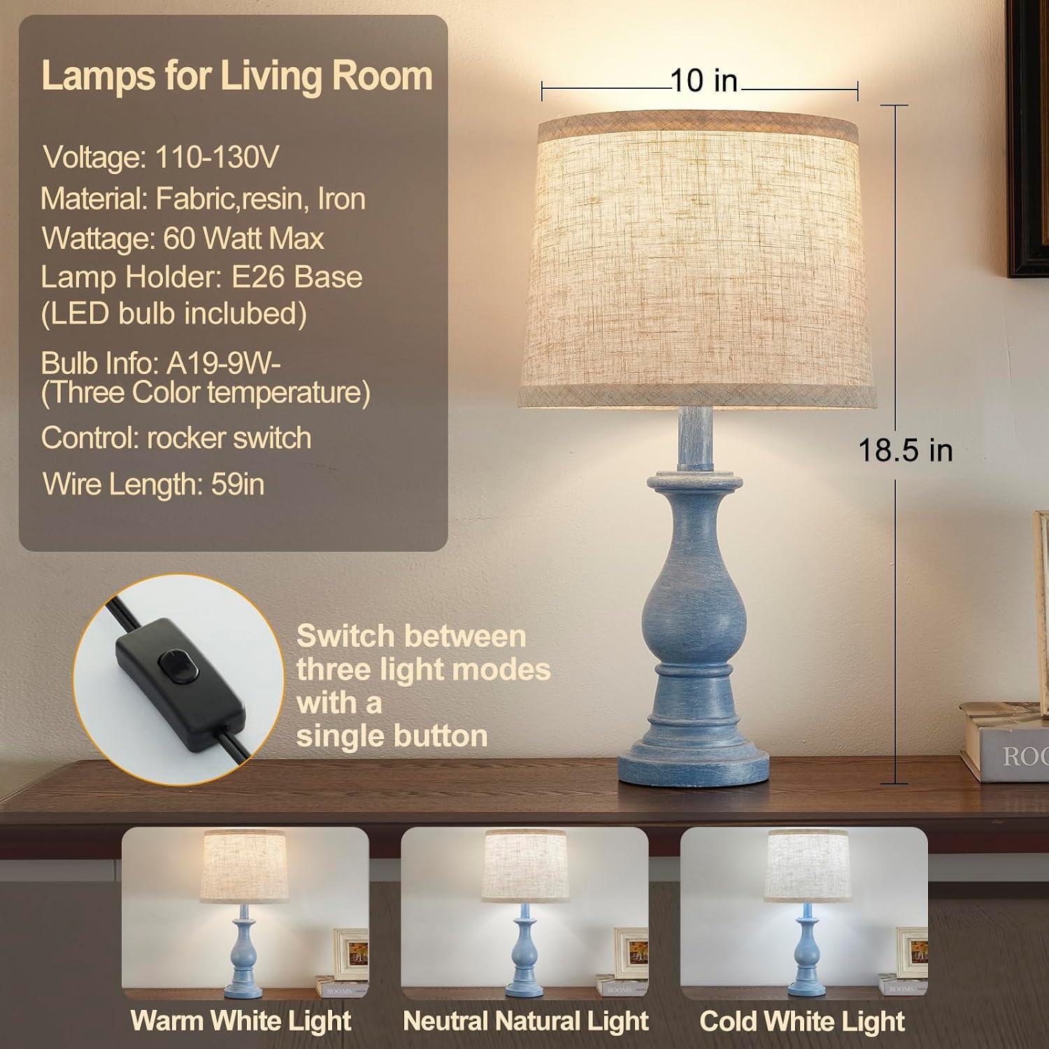 Vintage Table Lamp for Living Room Bedroom, 18.5" Farmhouse Bedside Lamps Nightstand Lamp Set of 2, Table Lamps with Oatmeal Linen Lamp…