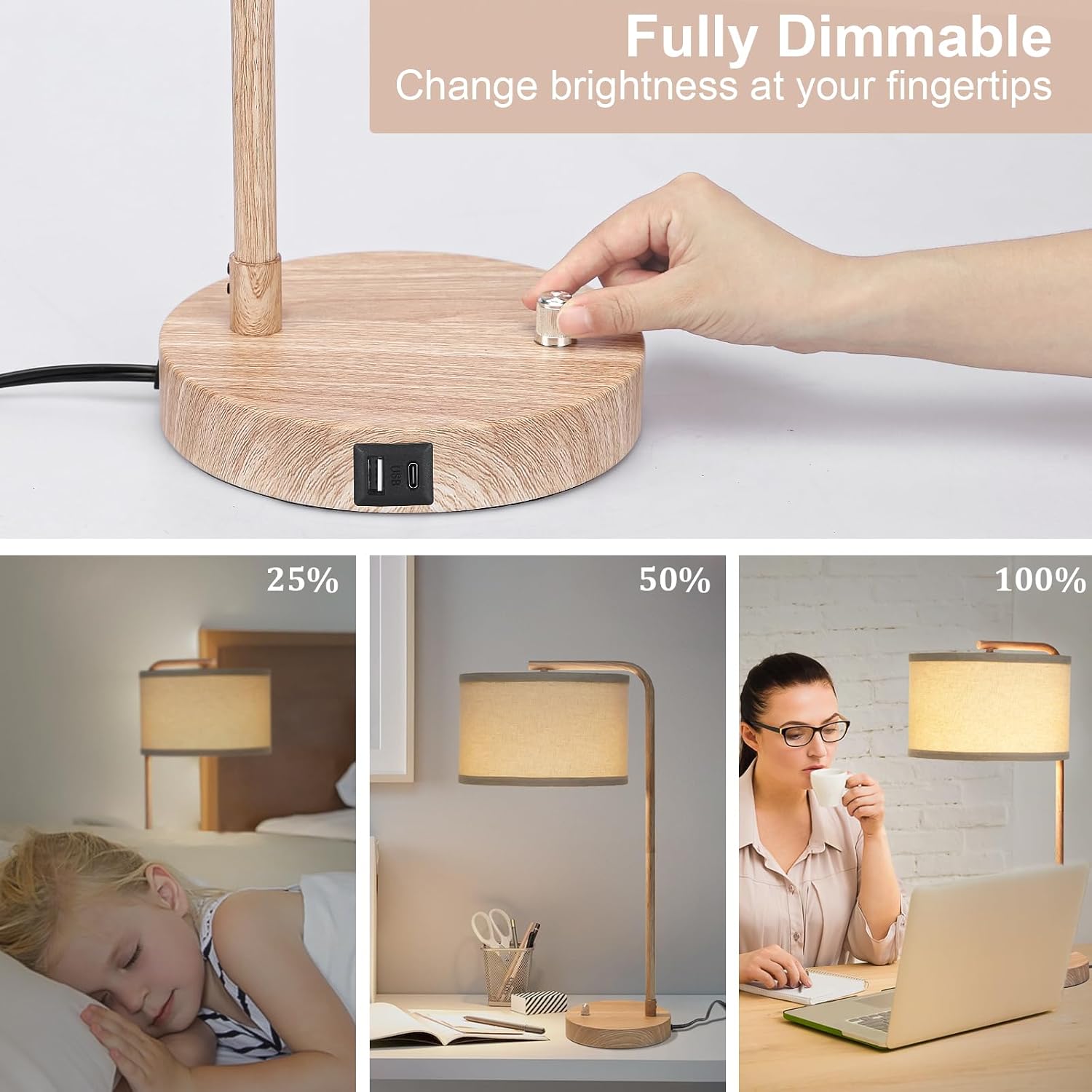 Farmhouse Table Lamp, Fully Dimmable Bedisde Nightstand Lamp with USB C+A Charging Ports, Modern Tall Table Lamp Desk Reading Lamp for…