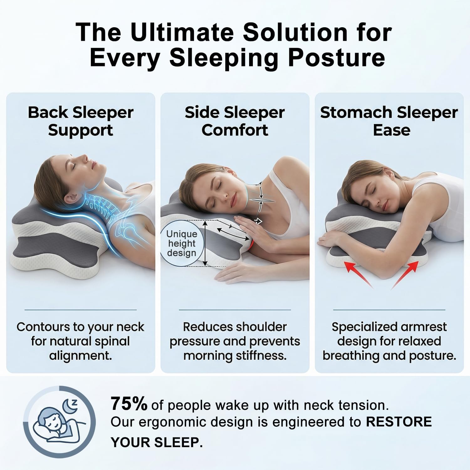 Esup Ergonomic Cervical Neck Pillow for, Adjustable Height Contour Memory Foam Orthopedic Bed Pillow for Sleeping, Ideal for Side, Back, a…