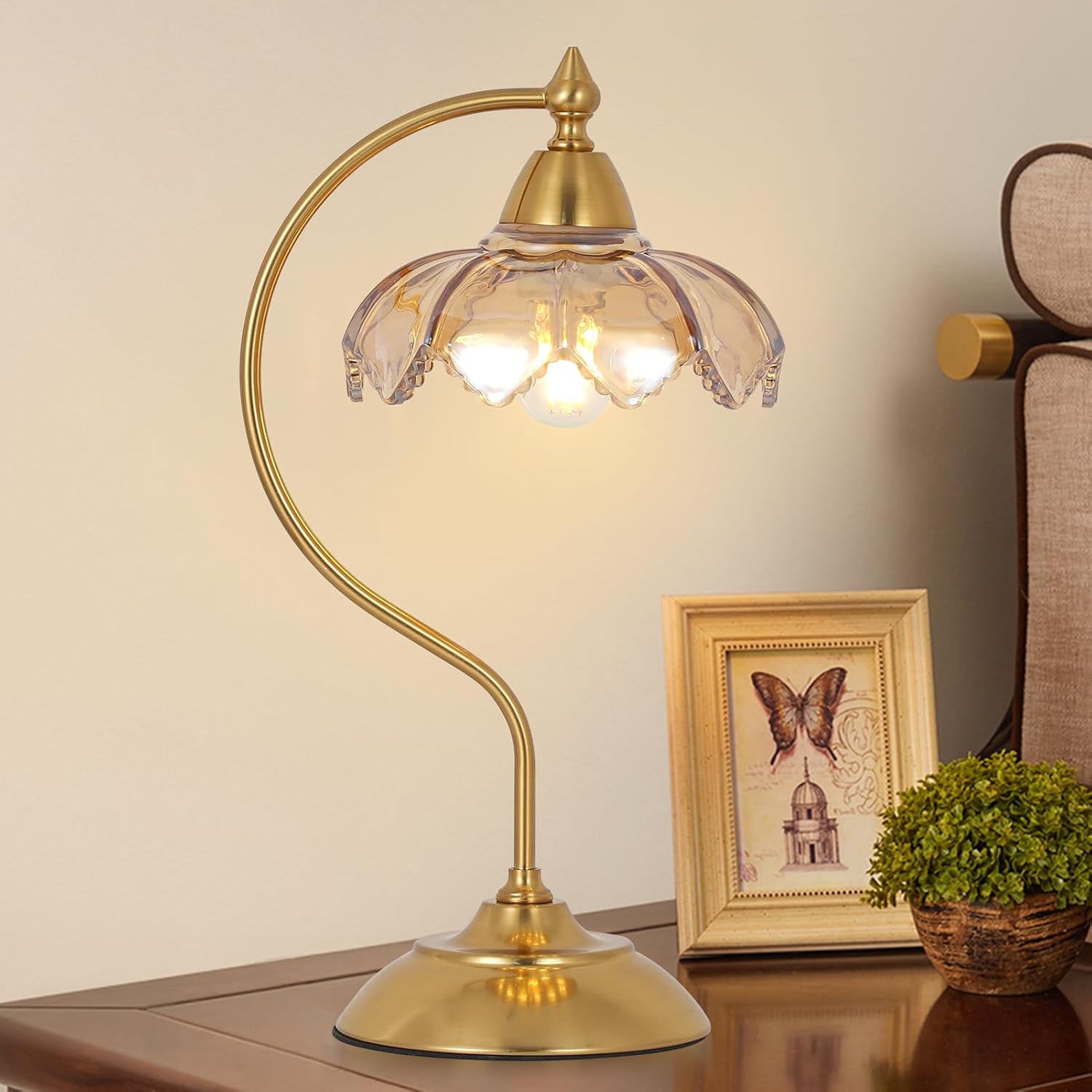 Table Lamps for Living Room, Flower Desk Lamp, Glass Beside Lamp for Nightstand, Gooseneck Small Table Lamp, Mid Century Modern Desk…